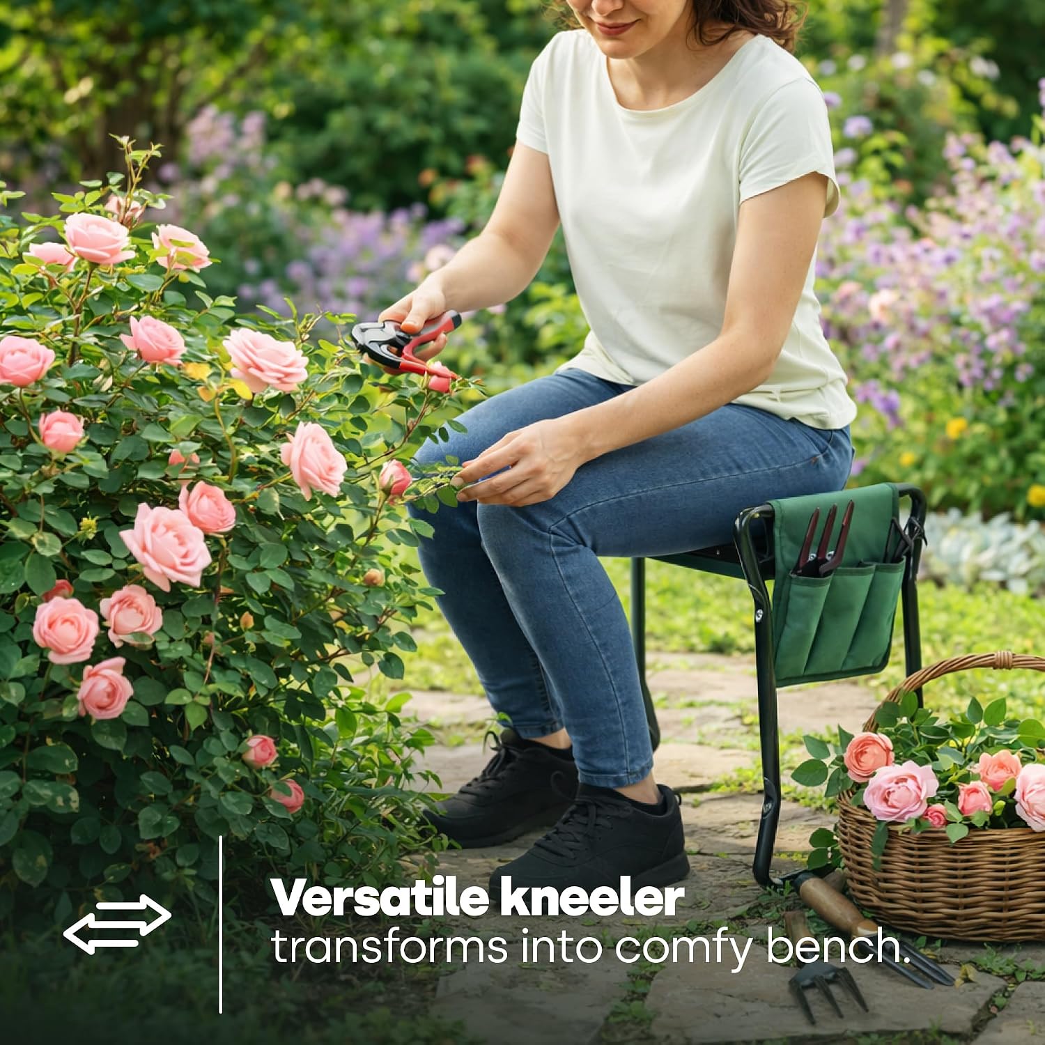 Gardener sitting on the flipped LIVIVO kneeler seat while pruning a rose bush