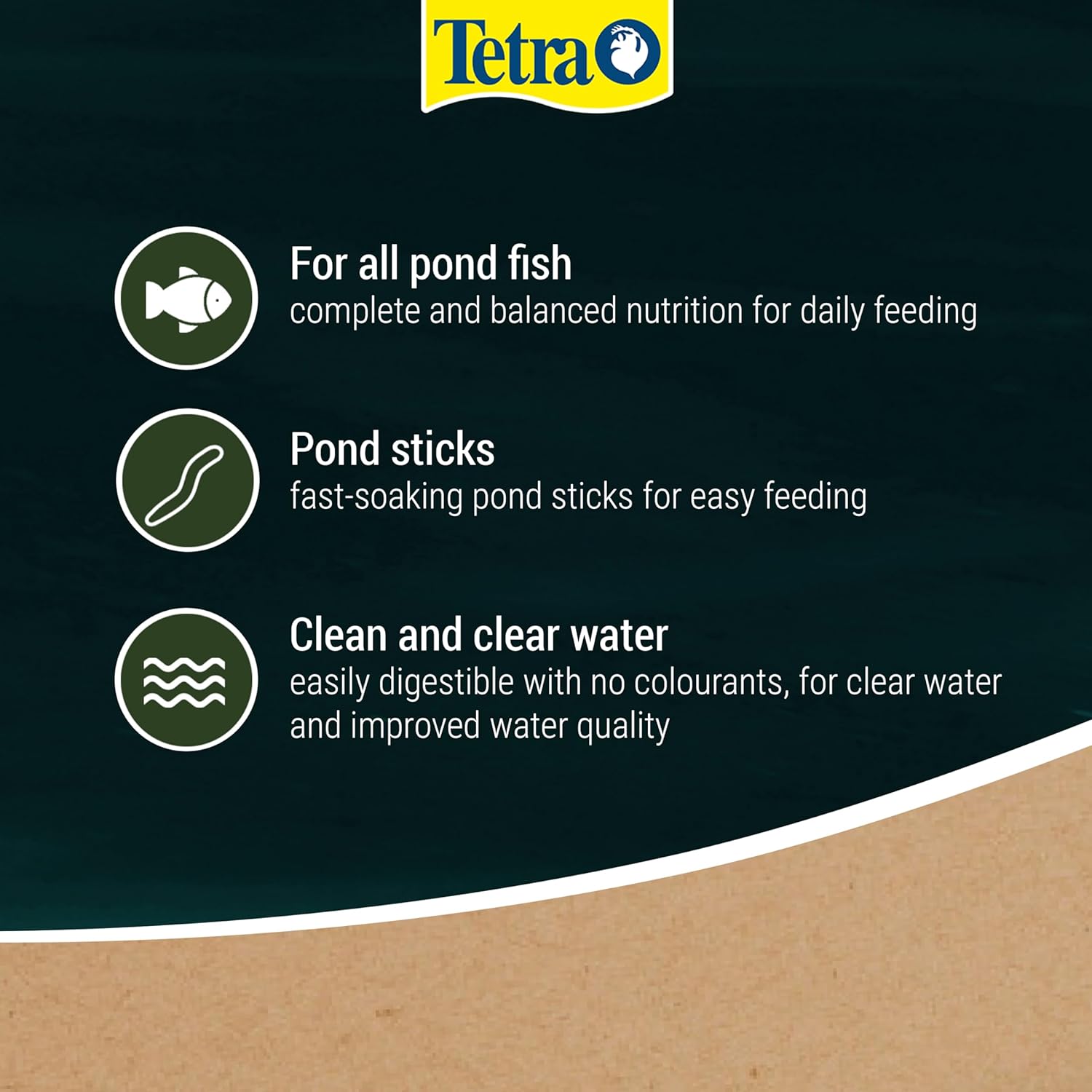 Tetra listing graphic stating the sticks suit all pond fish, are fast soaking and support clean clear water