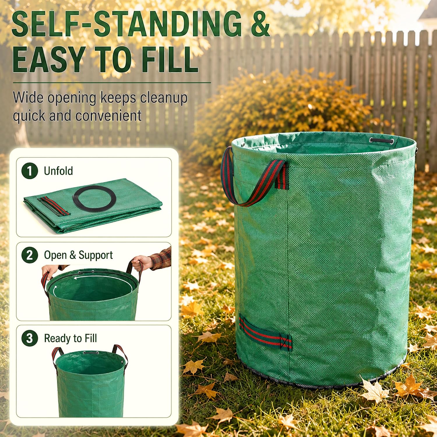 Three-step guide showing the support hoop being unfolded and fitted into the rim of the bag