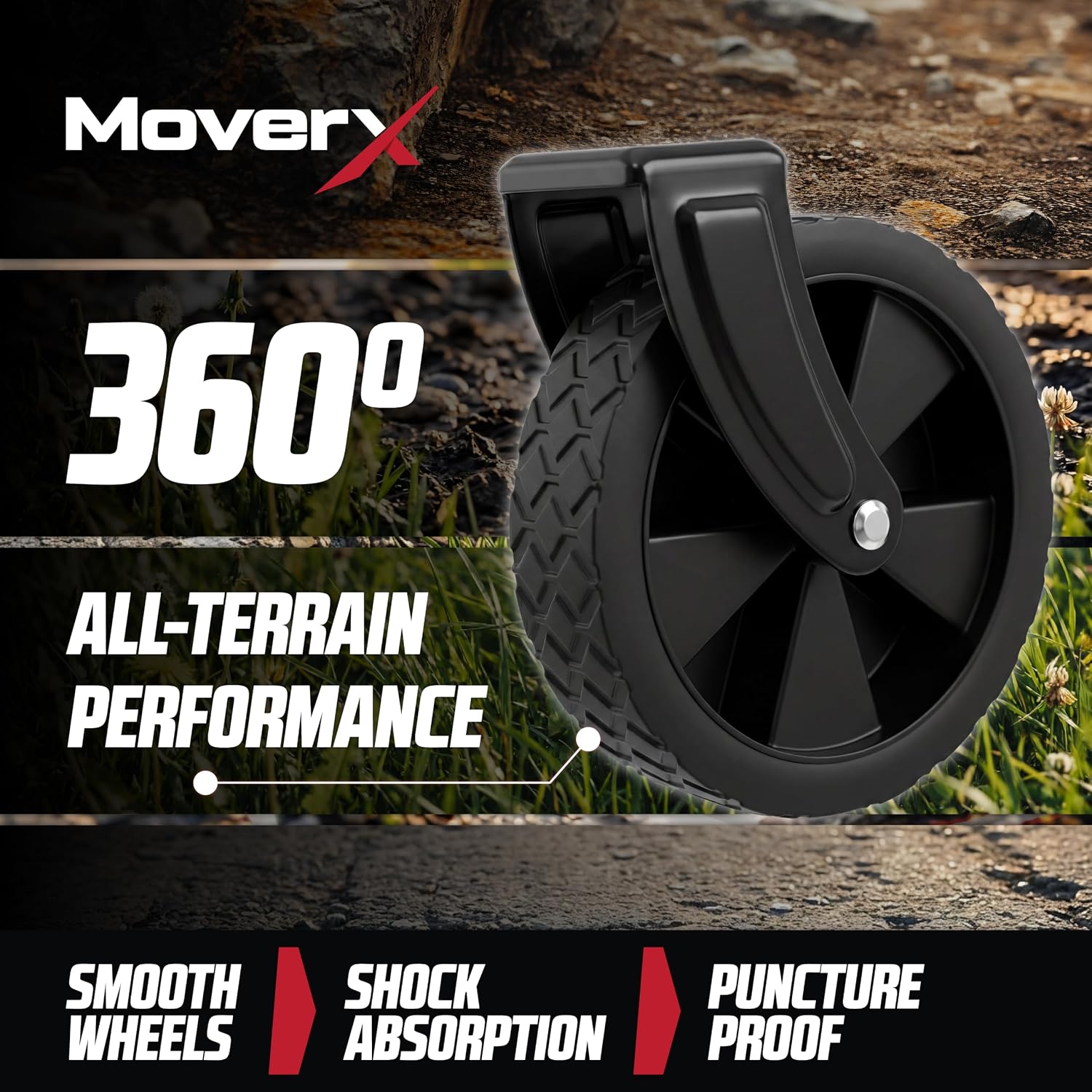 Close-up of the MoverX 360-degree swivel wheel with tread pattern, shown against gravel and grass