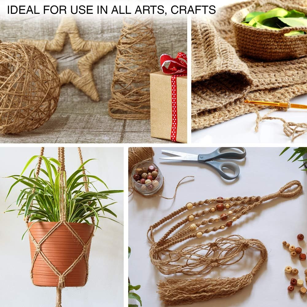 Craft projects made with jute twine: wrapped star and cone, macrame plant hanger, crochet basket and beaded hanger