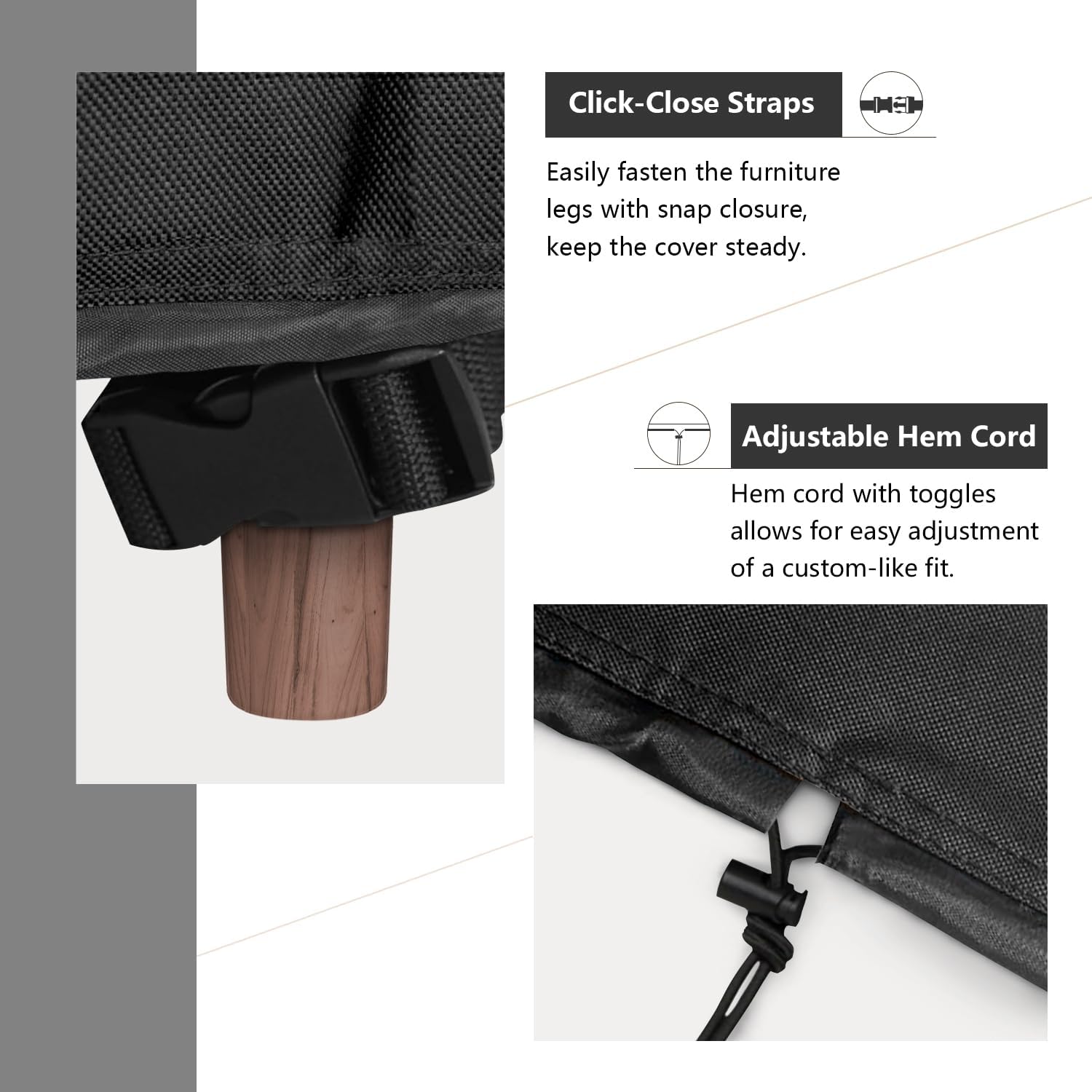 Detail of a click-close snap strap fastened around a wooden furniture leg and a toggled hem cord