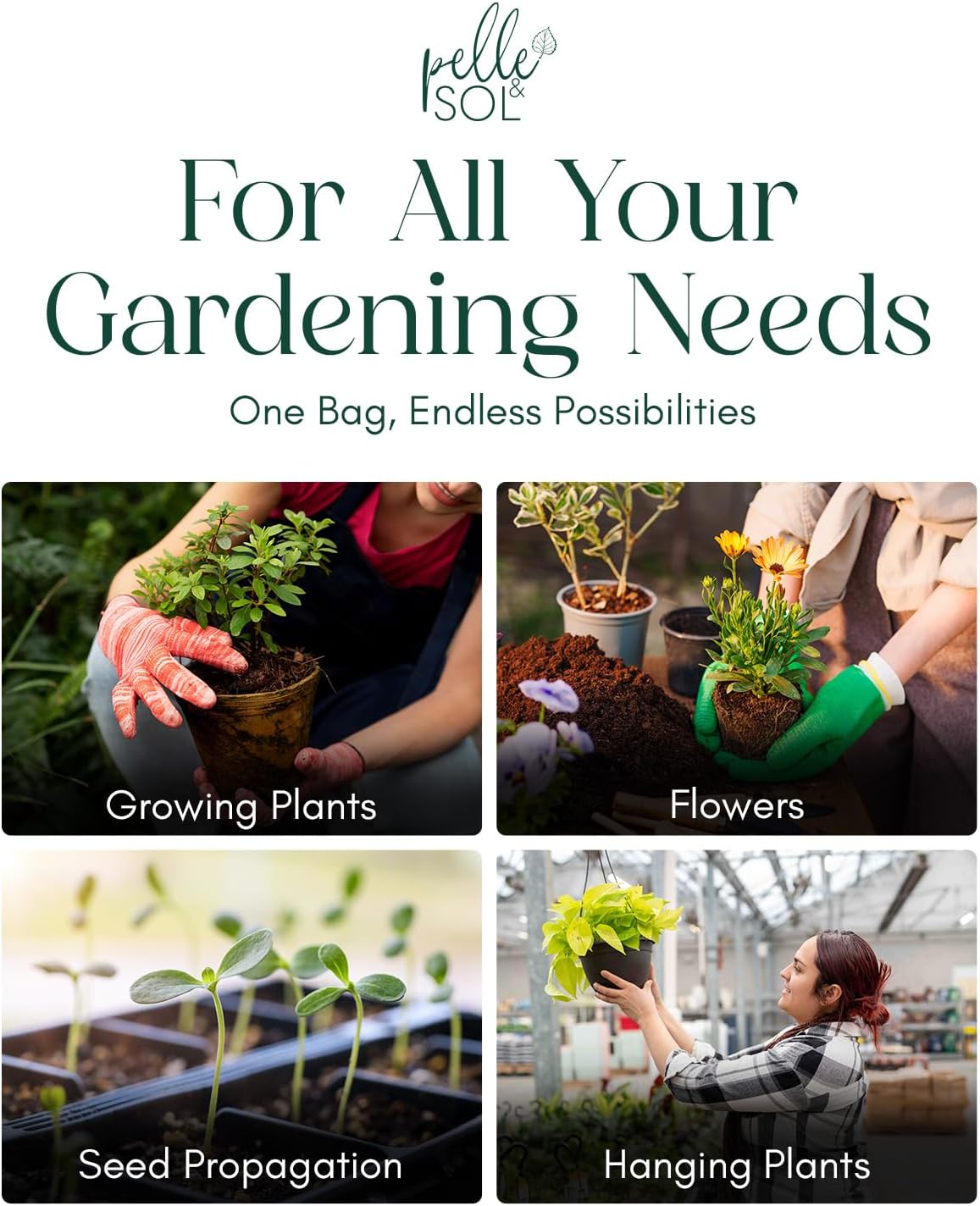 Four-panel collage of Pelle and Sol compost used for plants, flowers, seeds and hanging baskets