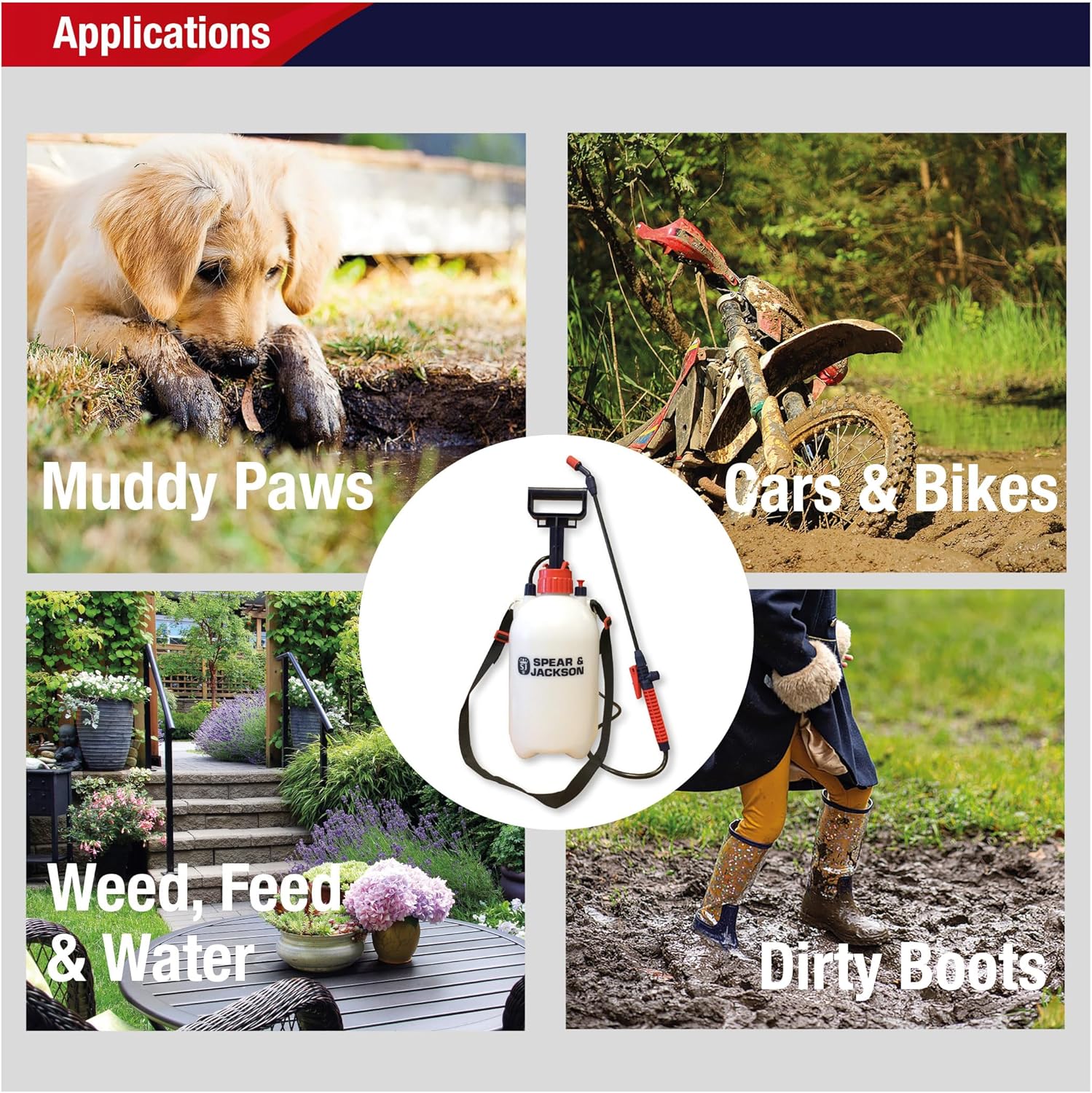 Four-panel application grid showing the Spear & Jackson sprayer being used on muddy dog paws, car and bike wheels, weed feed and water, and dirty wellington boots