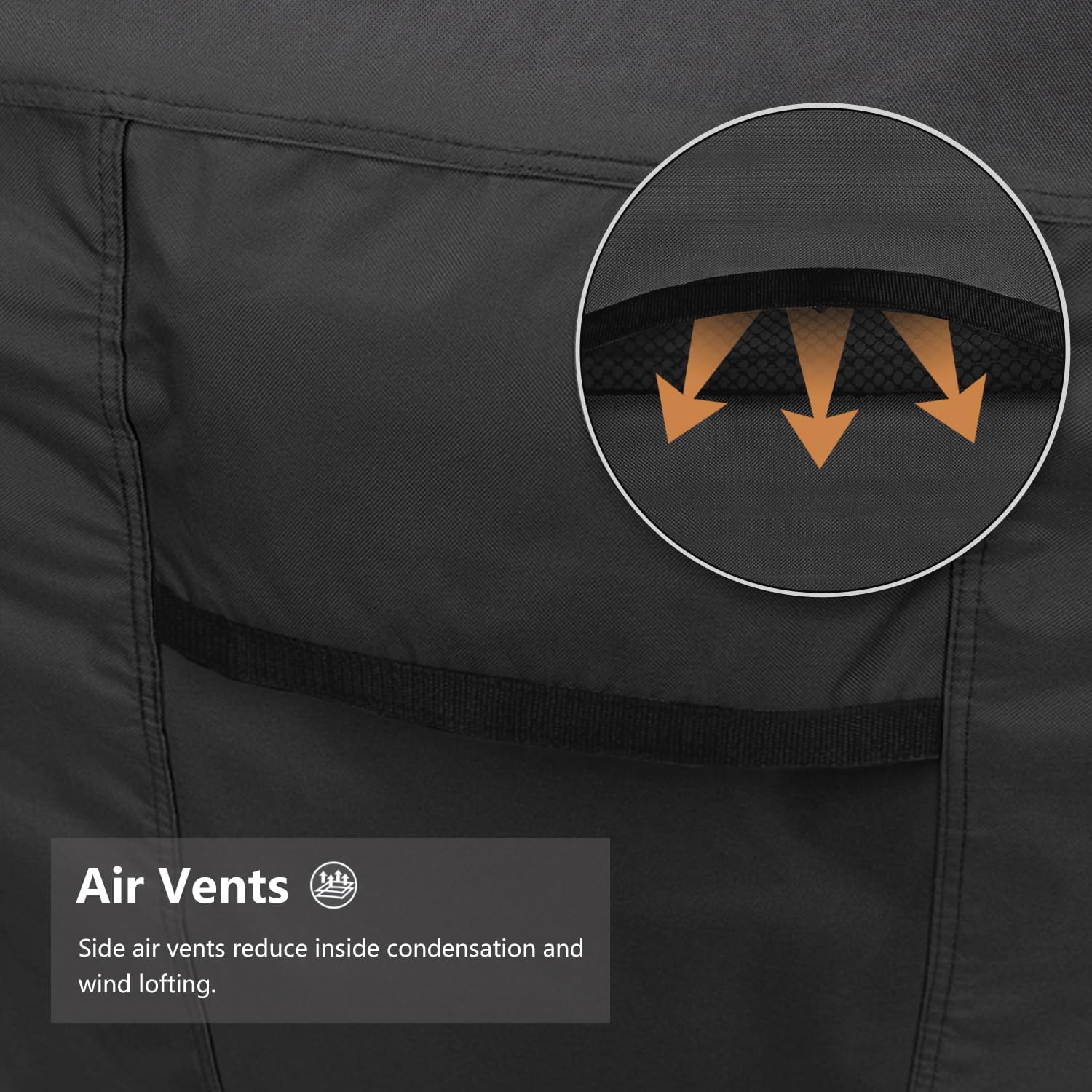 Close-up of a mesh side air vent on the patio cover with arrows showing airflow passing through