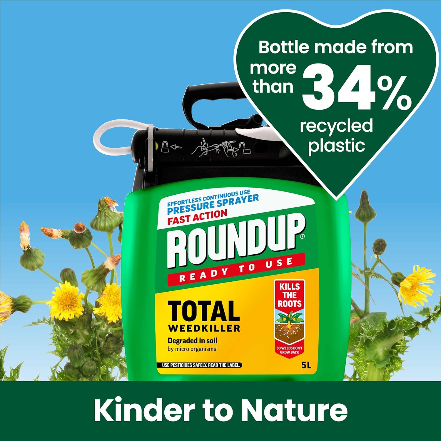 Roundup Pump N Go label showing 34% recycled plastic kinder-to-nature graphic