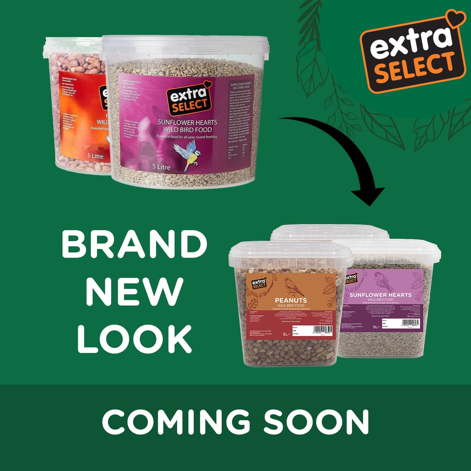 Wild bird seed packaging and the 5 litre plastic tub