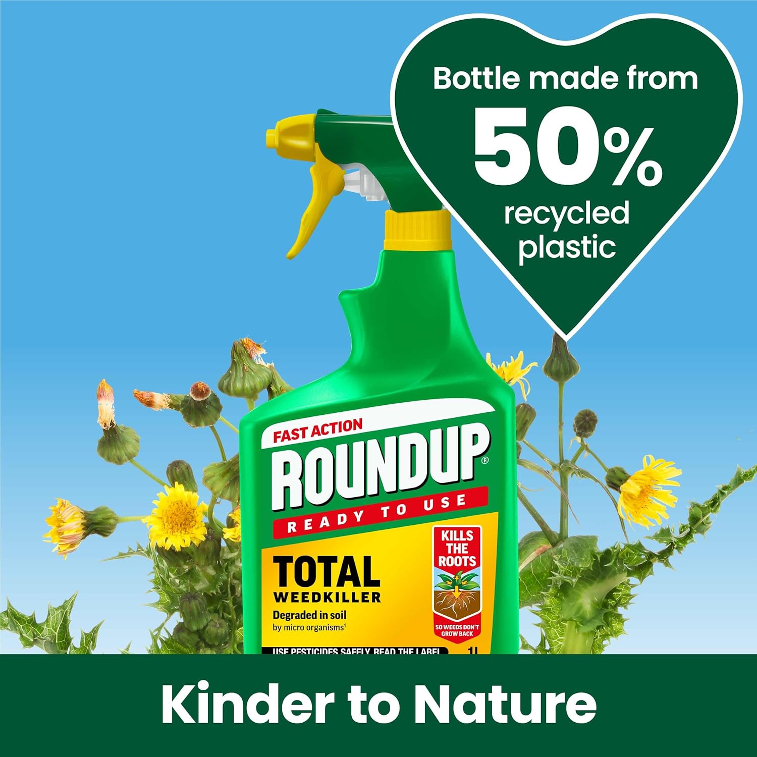 Roundup Total Fast Action packaging showing the 1 litre bottle in its protective wrap