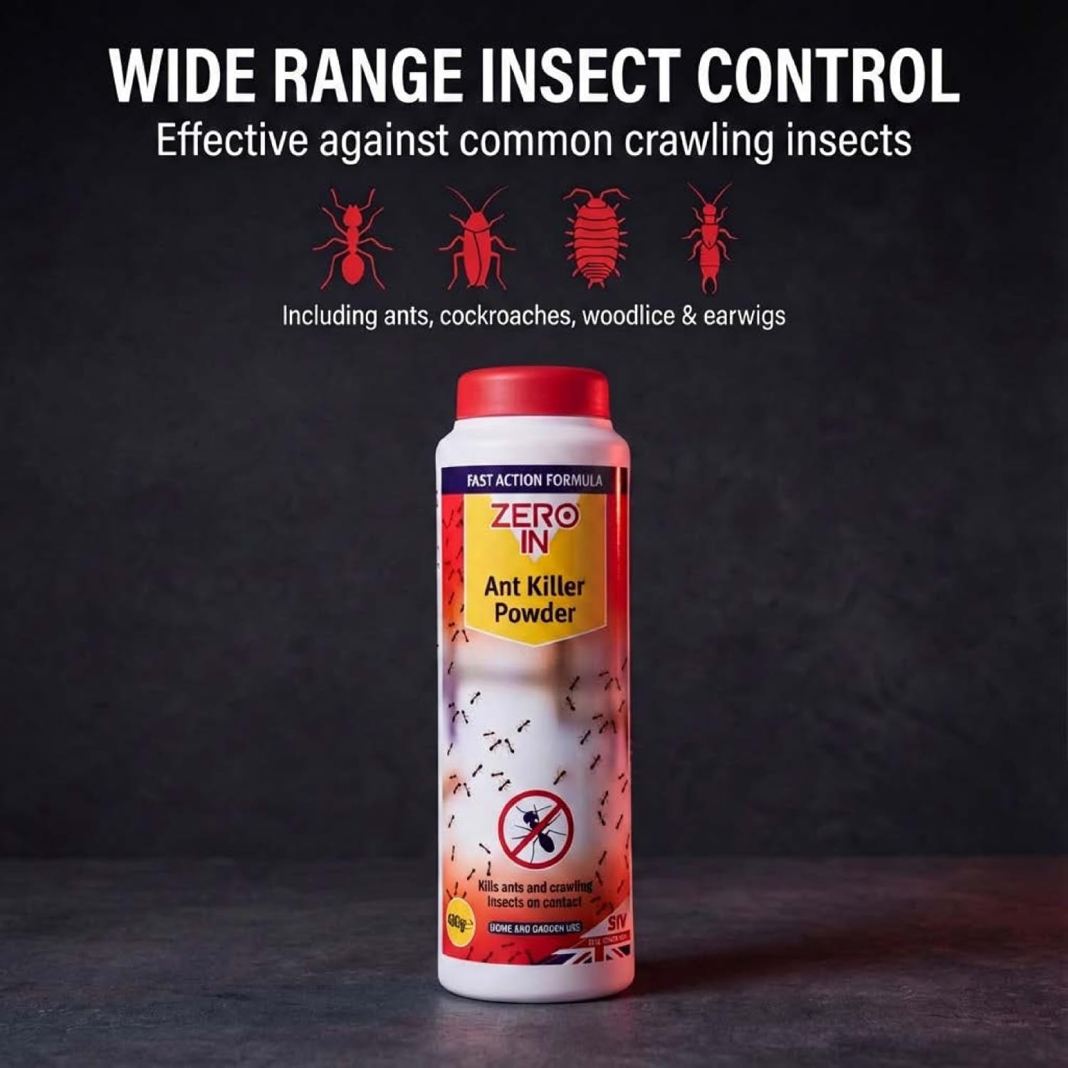 Packaging label showing safety information on the Zero In ant powder tub