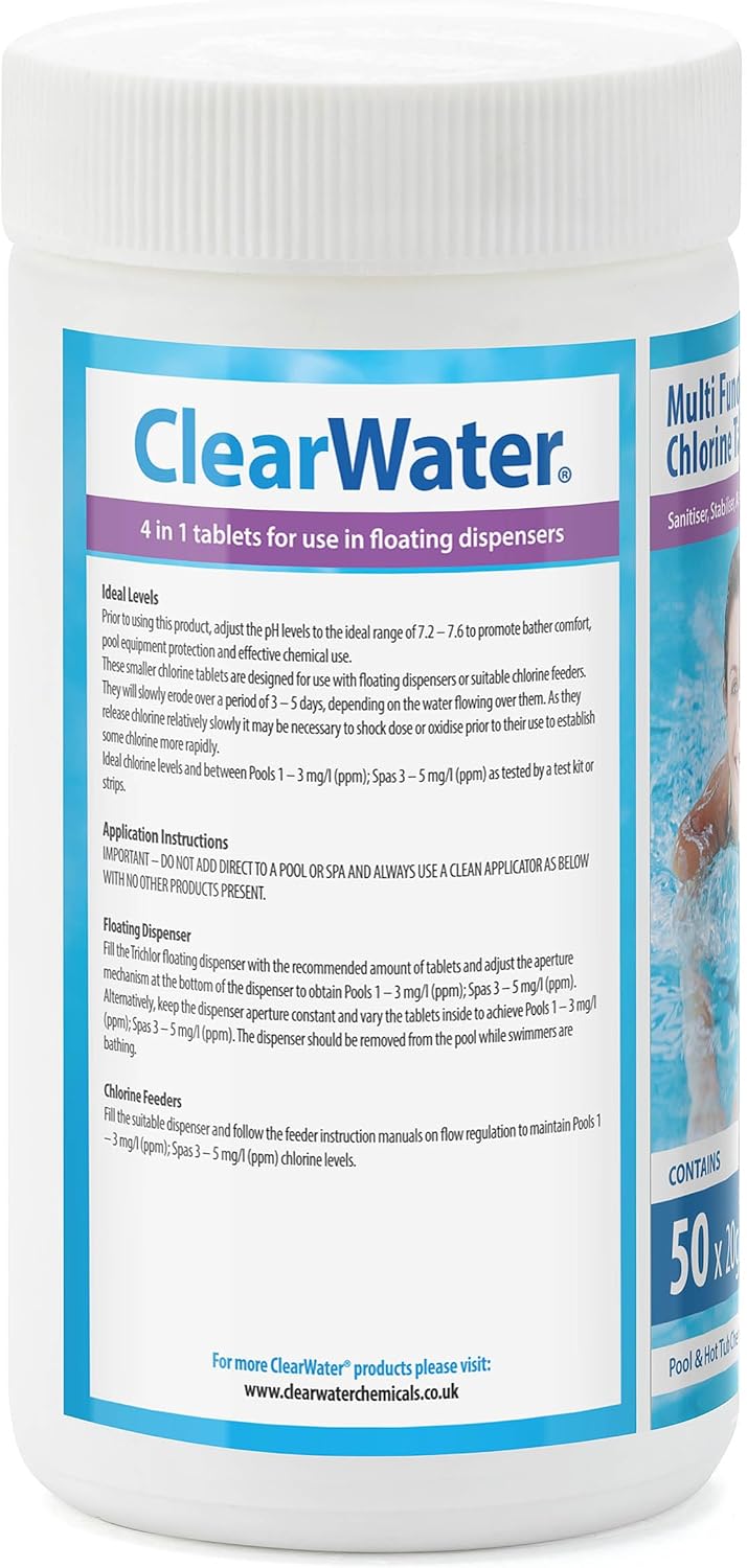 Clearwater chlorine tablets packaging showing the 4-in-1 dispenser tablet branding