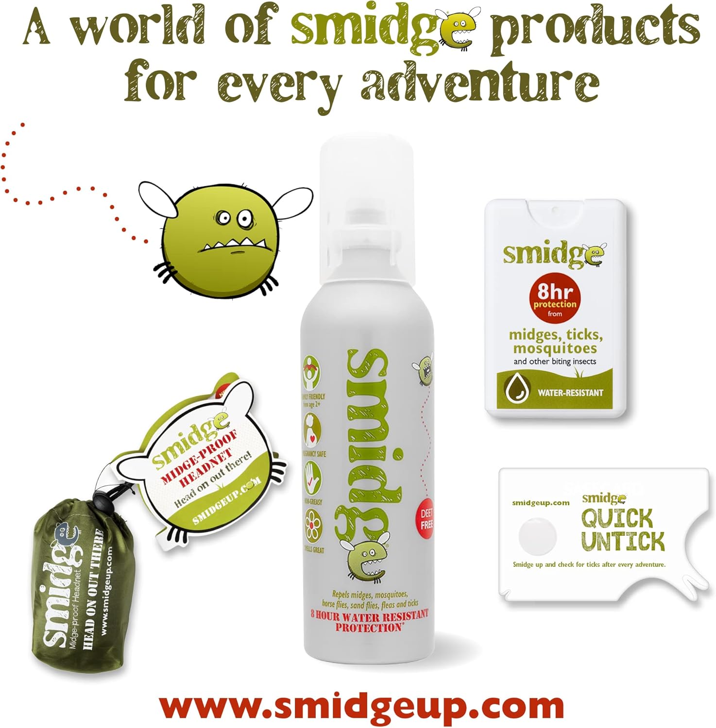 Smidge product range including the 75ml repellent bottle, midge-proof head net, pocket-size pack and Quick Untick tick removal card