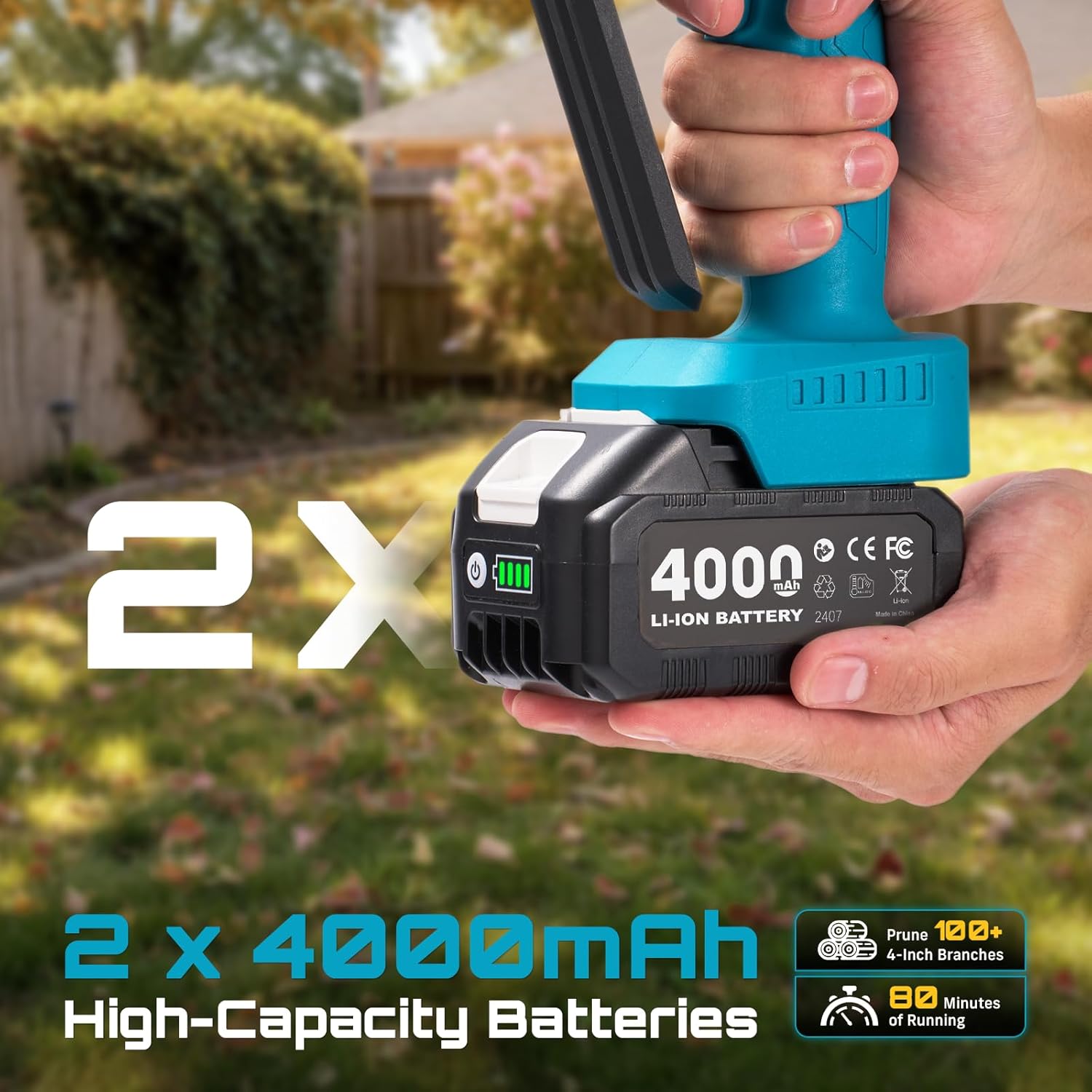 Two 21V 4000mAh Seesii batteries with charge-level LED bars, next to listing badges claiming 100+ four-inch branches and 80 minutes of running