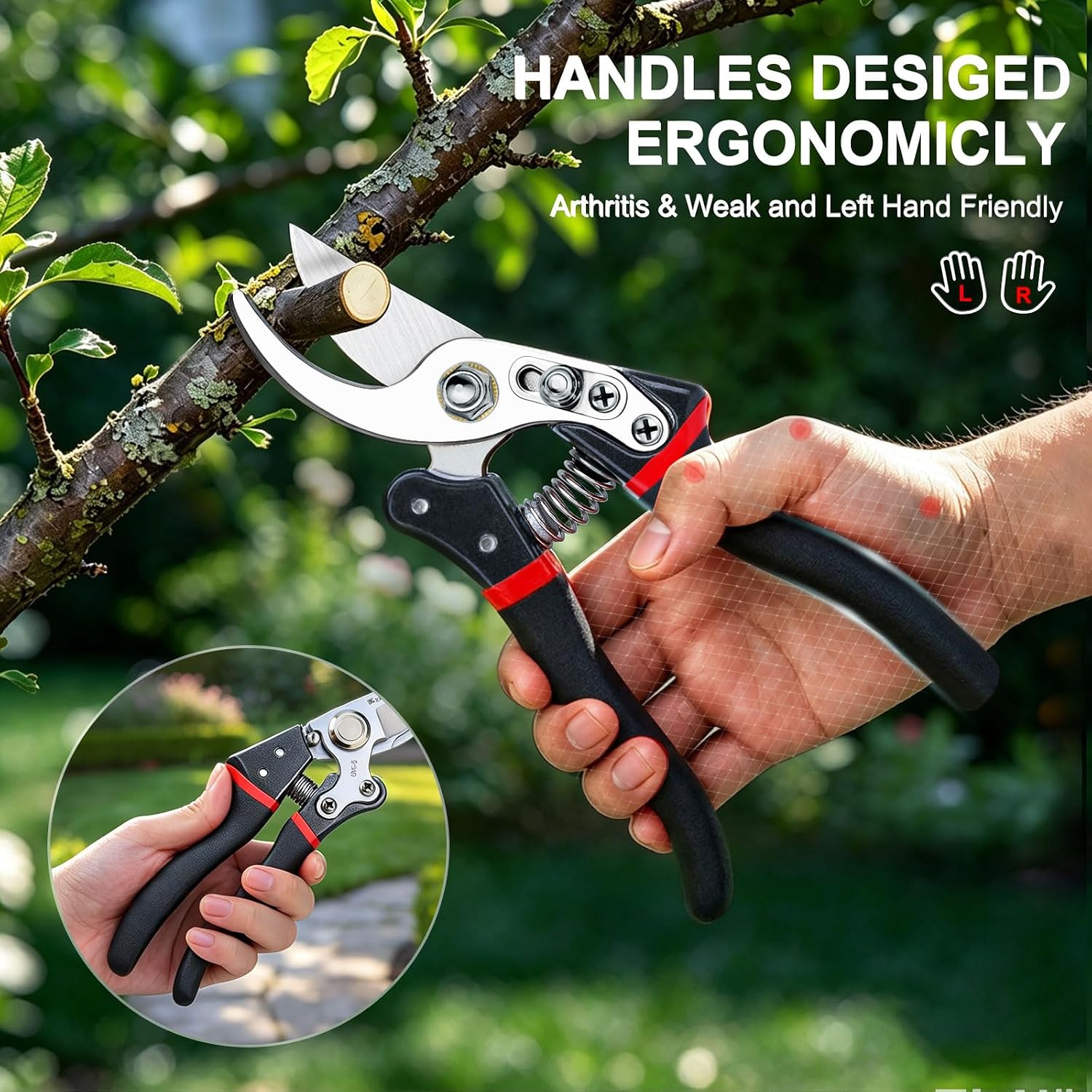 Ergonomic anti-slip handles of the Kynup secateurs shown in a gardener's hand, arthritis friendly design