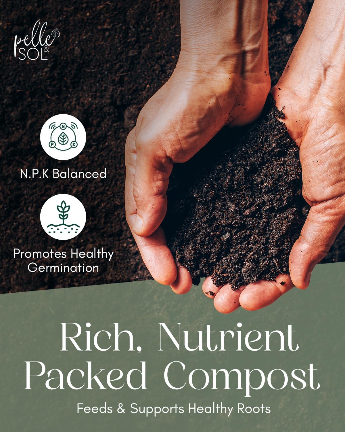 Hands holding dark, fine compost with N.P.K balanced and healthy germination callouts from the Pelle & Sol listing