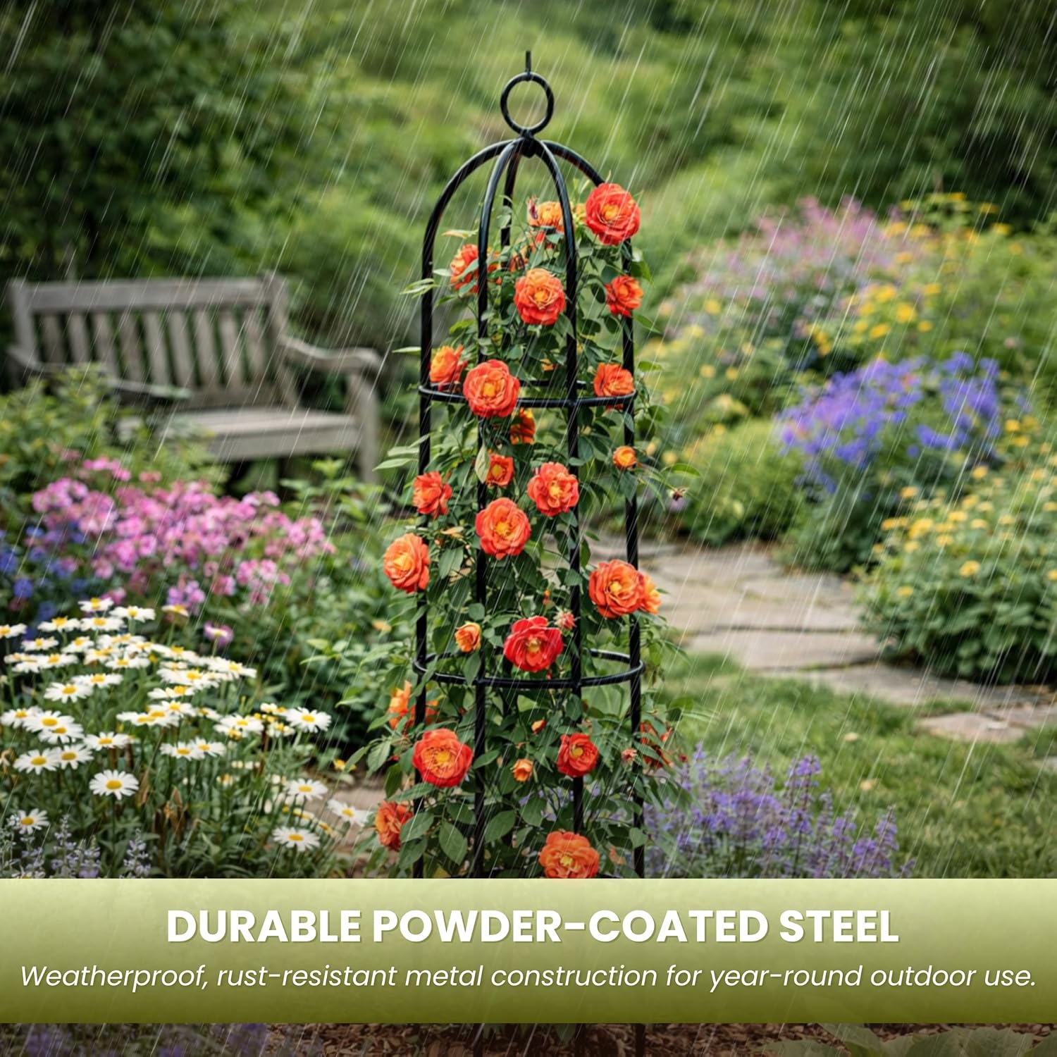 Metal obelisk covered in orange roses standing in a rain-soaked garden, showing weatherproof powder-coated steel