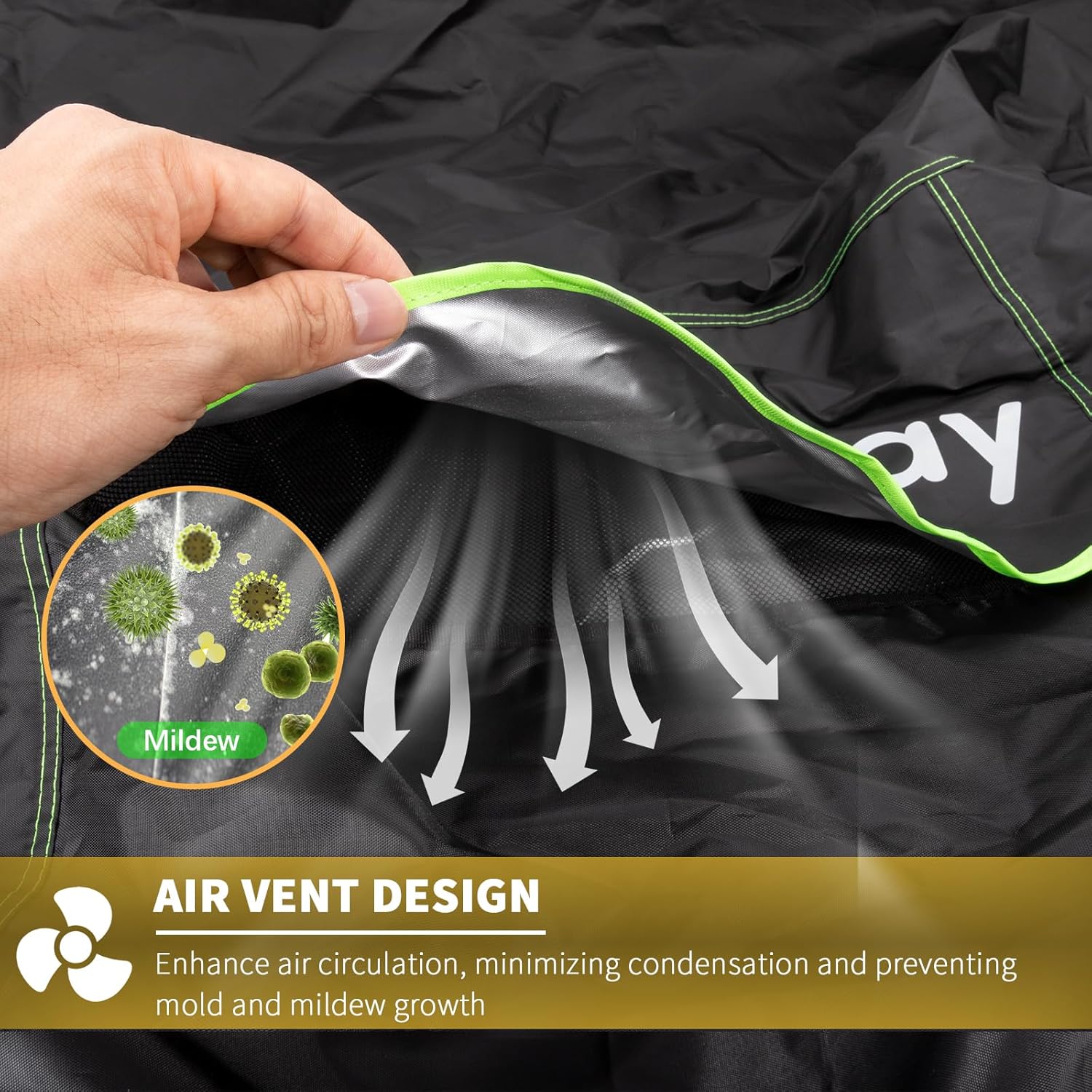 Hand lifting the hooded flap on the BEEWAY cover to show the mesh air vent that lets damp air escape