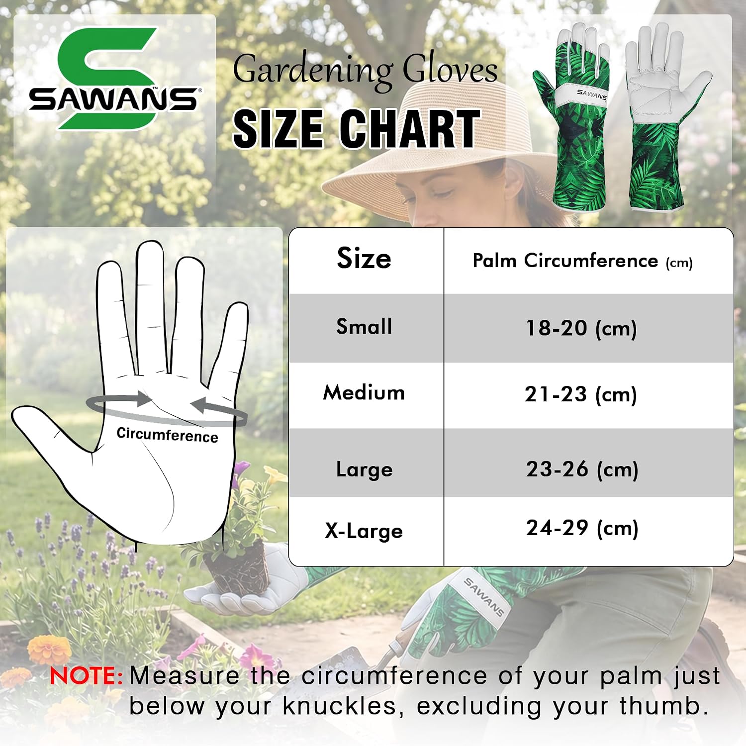 SAWANS gardening glove size chart listing palm circumference in centimetres for Small, Medium, Large and X-Large