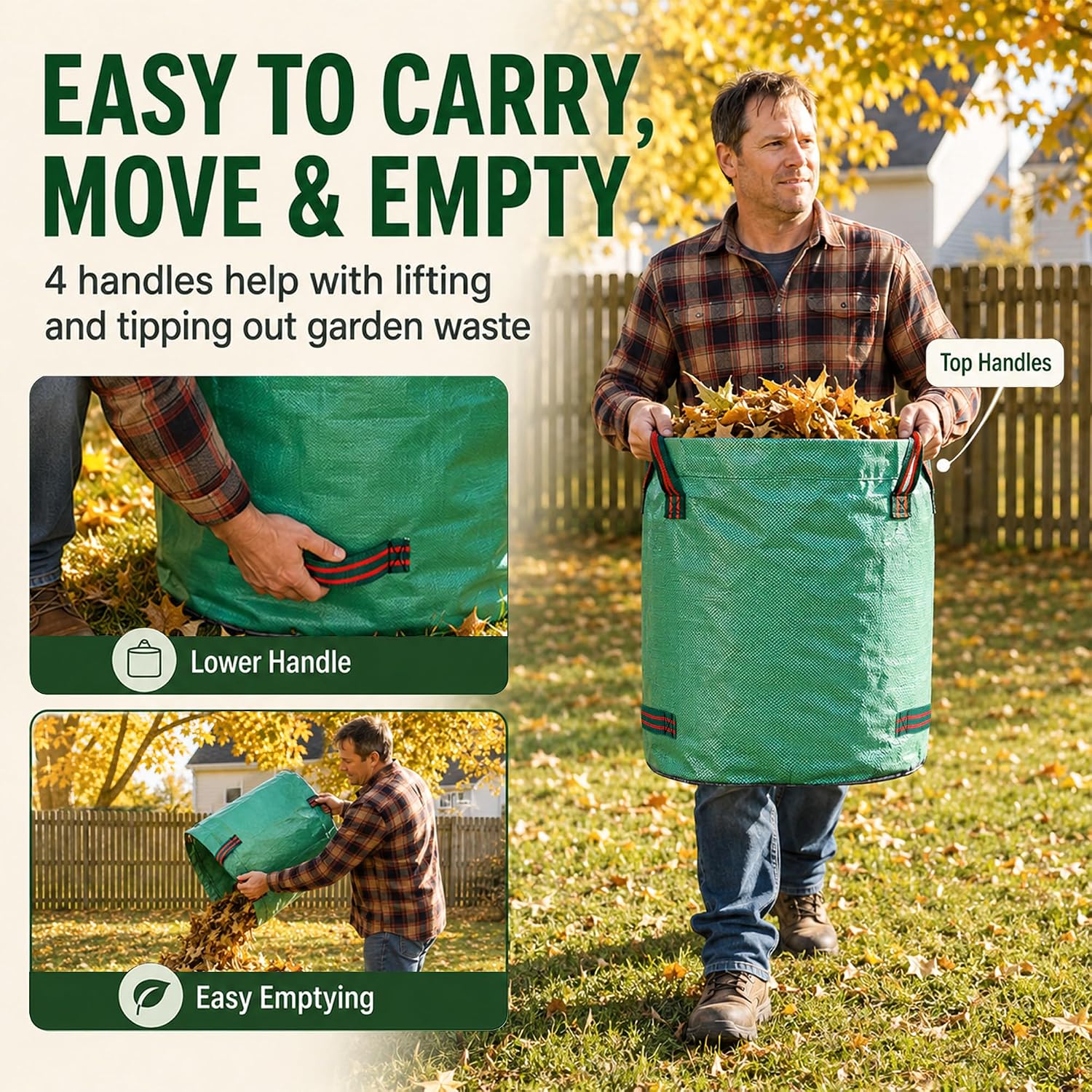 Gardener carrying a leaf-filled waste bag by its two top handles and tipping another out