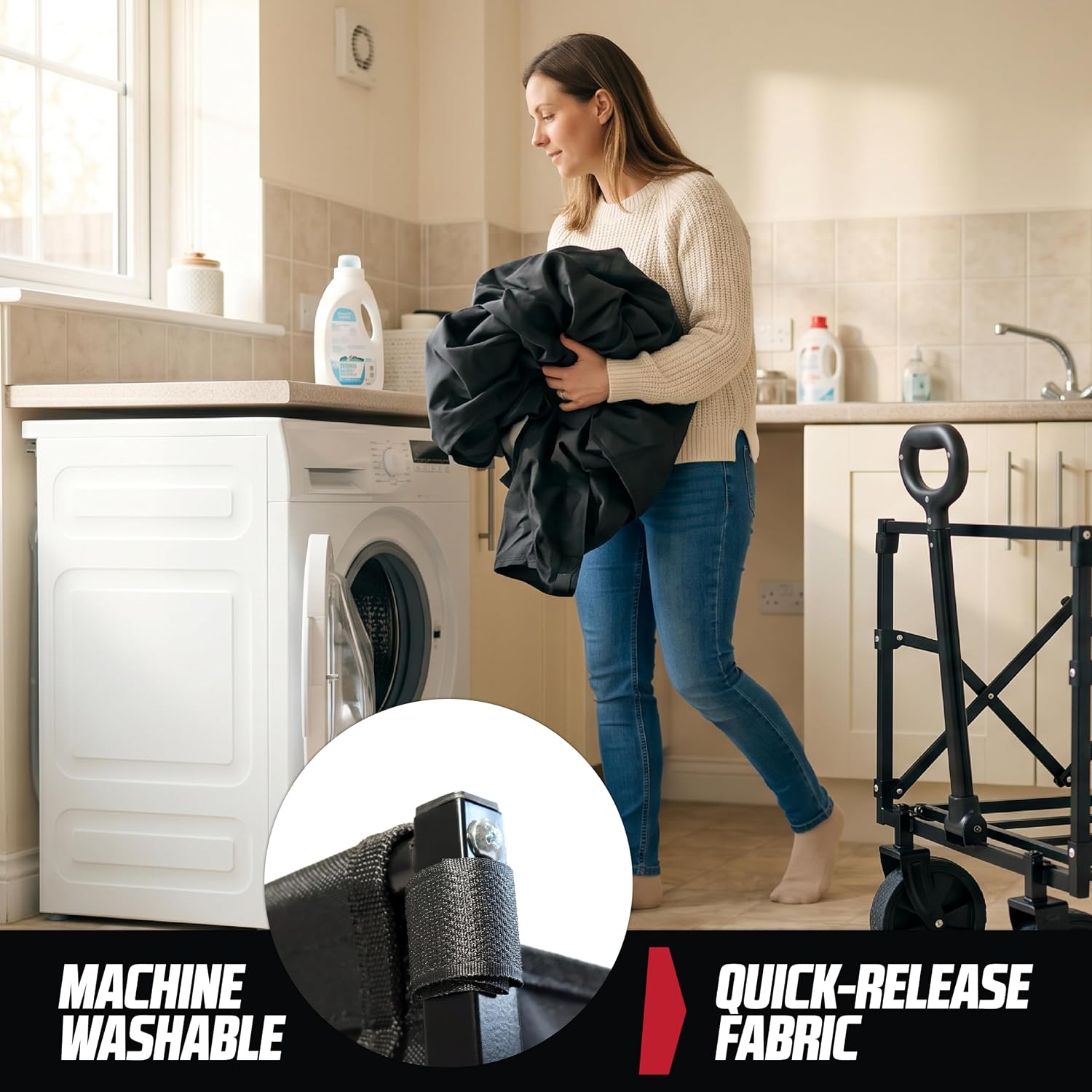 The removable black MoverX trolley fabric being carried to a washing machine, with a quick-release strap inset