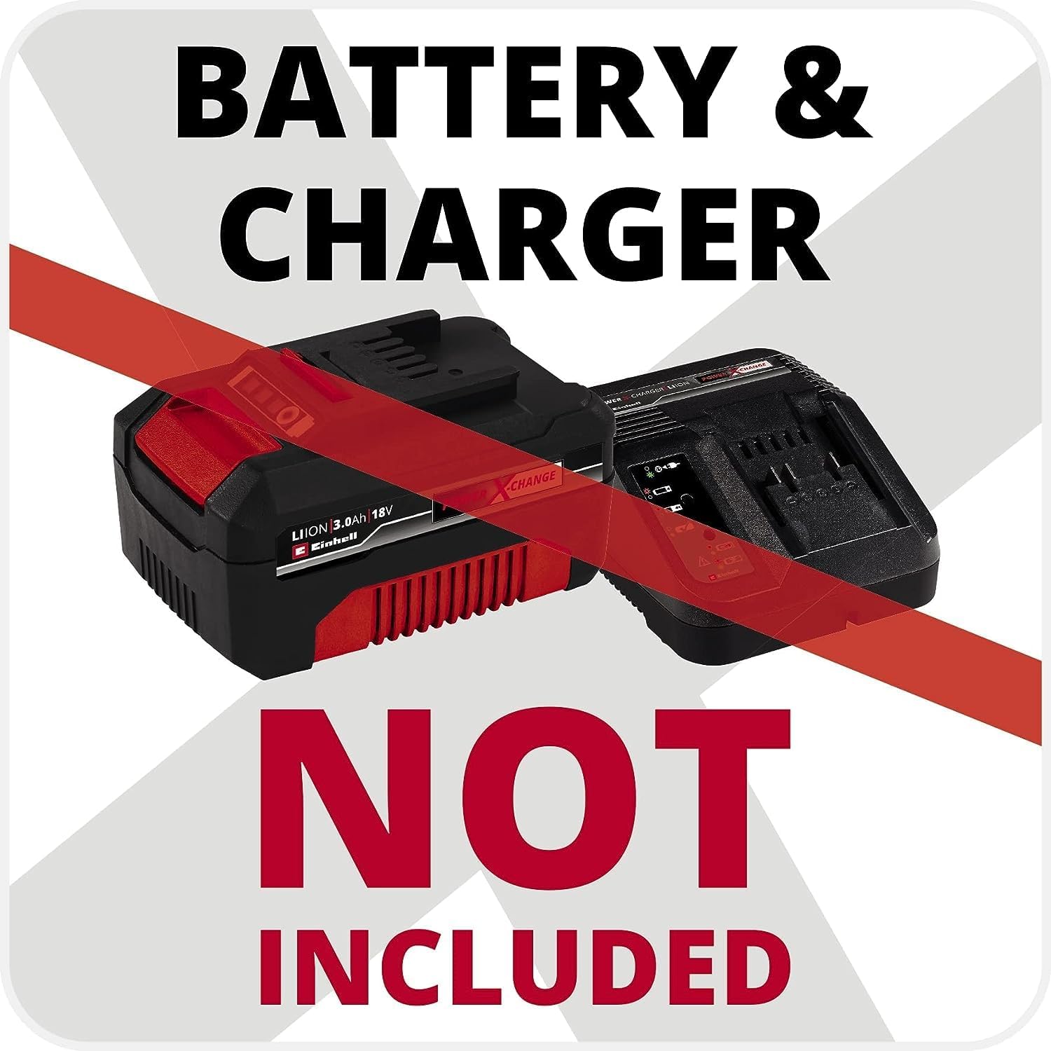 Listing graphic showing an 18V 3.0Ah Power X-Change battery and charger crossed out in red above the words Not Included