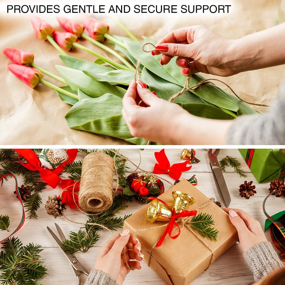 Jute twine tying a bunch of tulip stems and a kraft-paper Christmas parcel