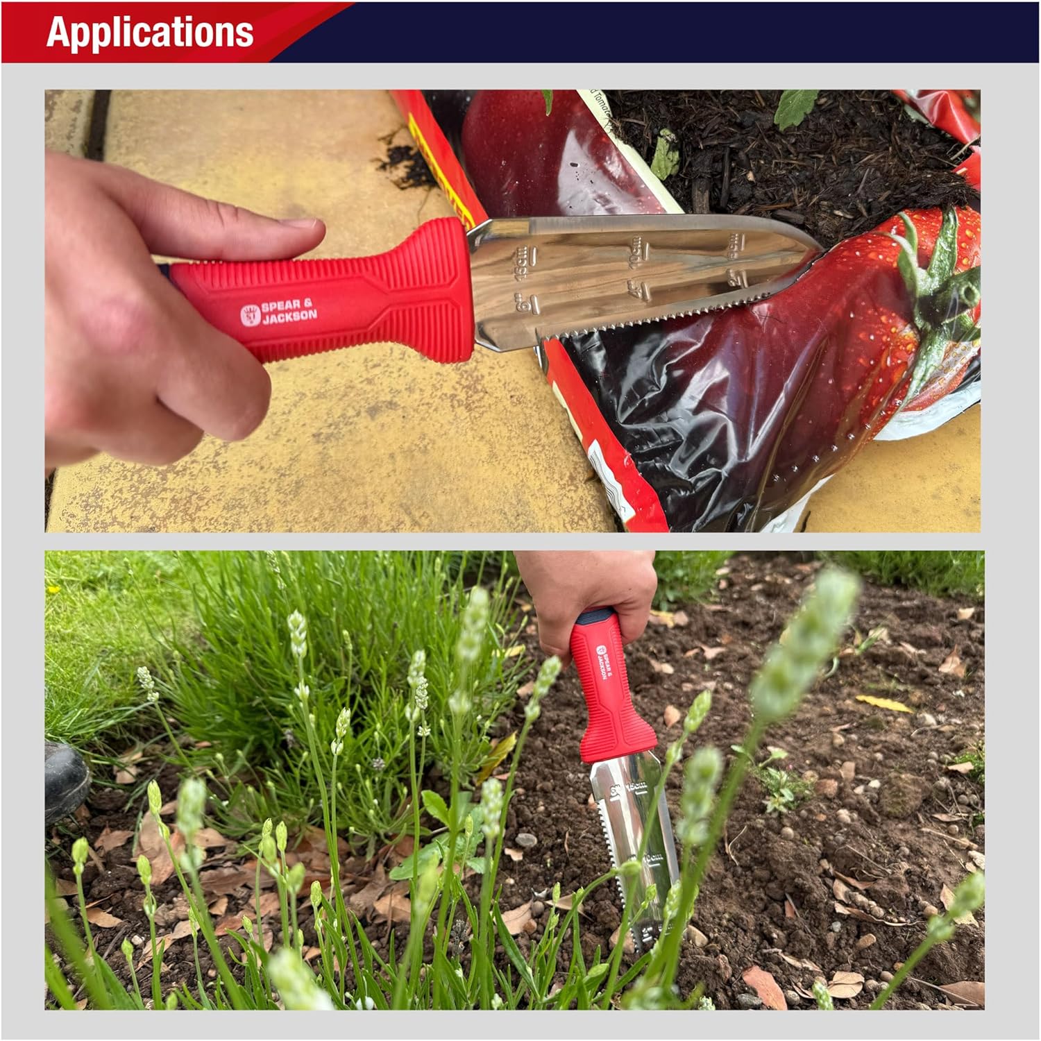 Two-panel applications graphic showing the serrated edge sawing open a printed grow bag and the blade working bare soil in a weedy border beside lavender