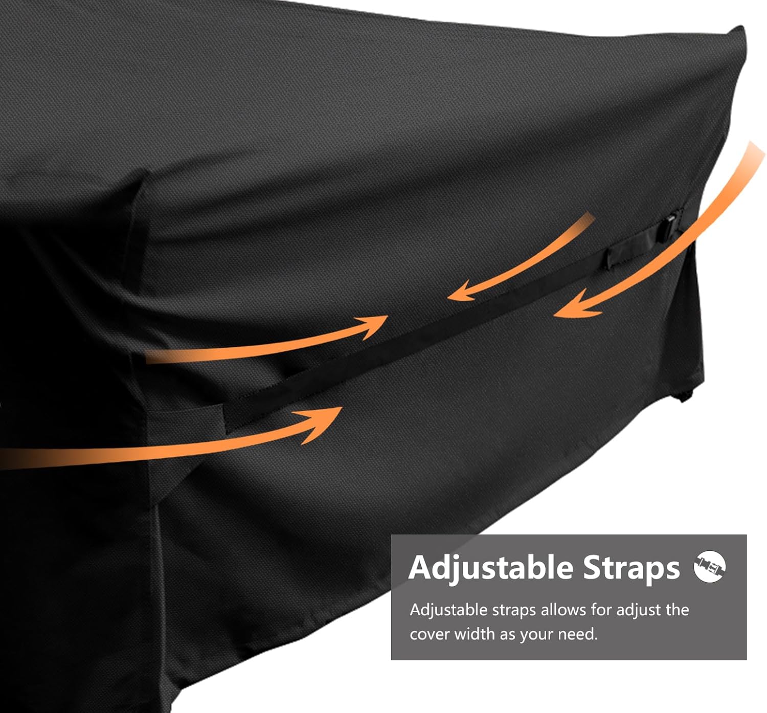 Adjustable side straps being drawn in along the flank of the black patio furniture cover