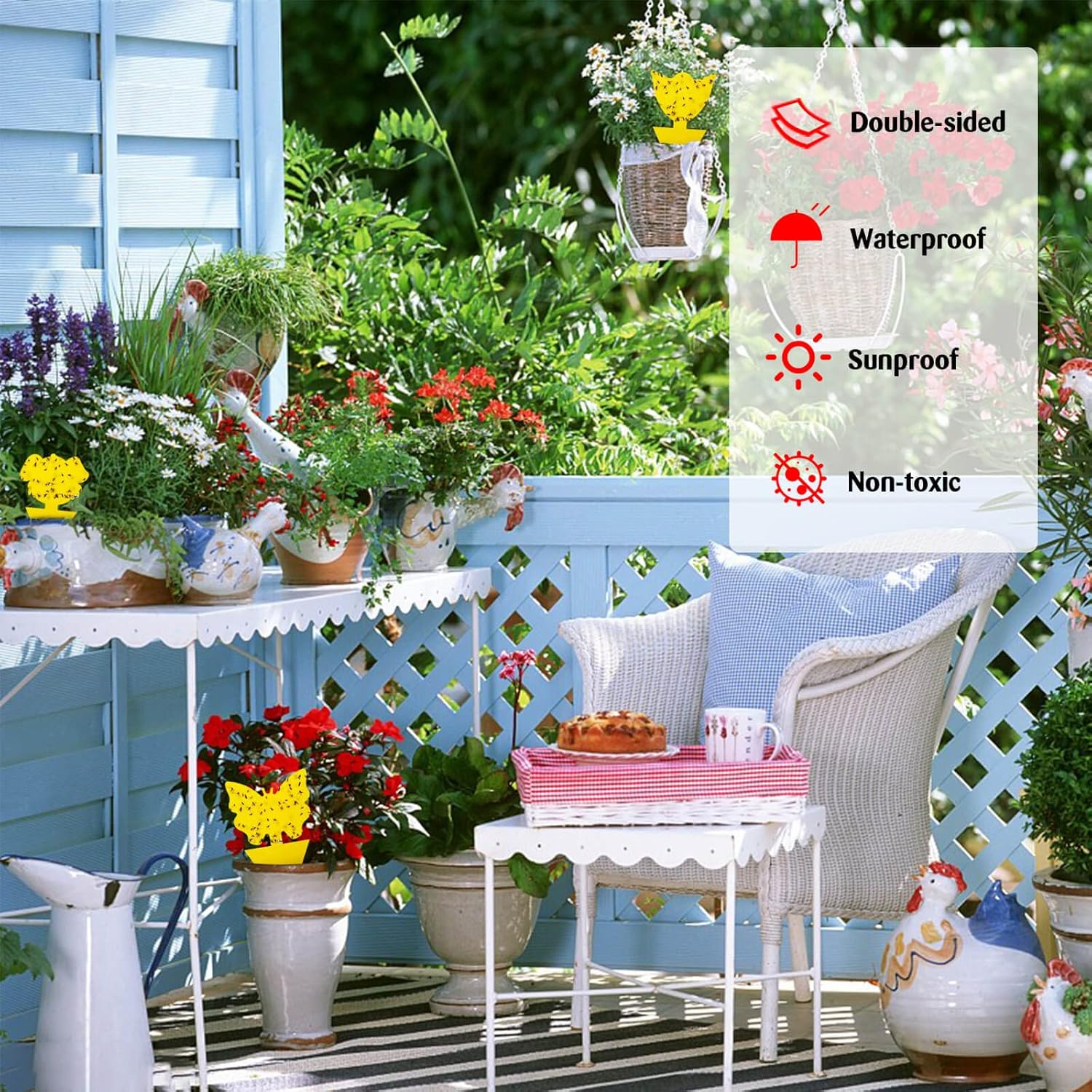 Yellow sticky trap stood in the top of a houseplant pot