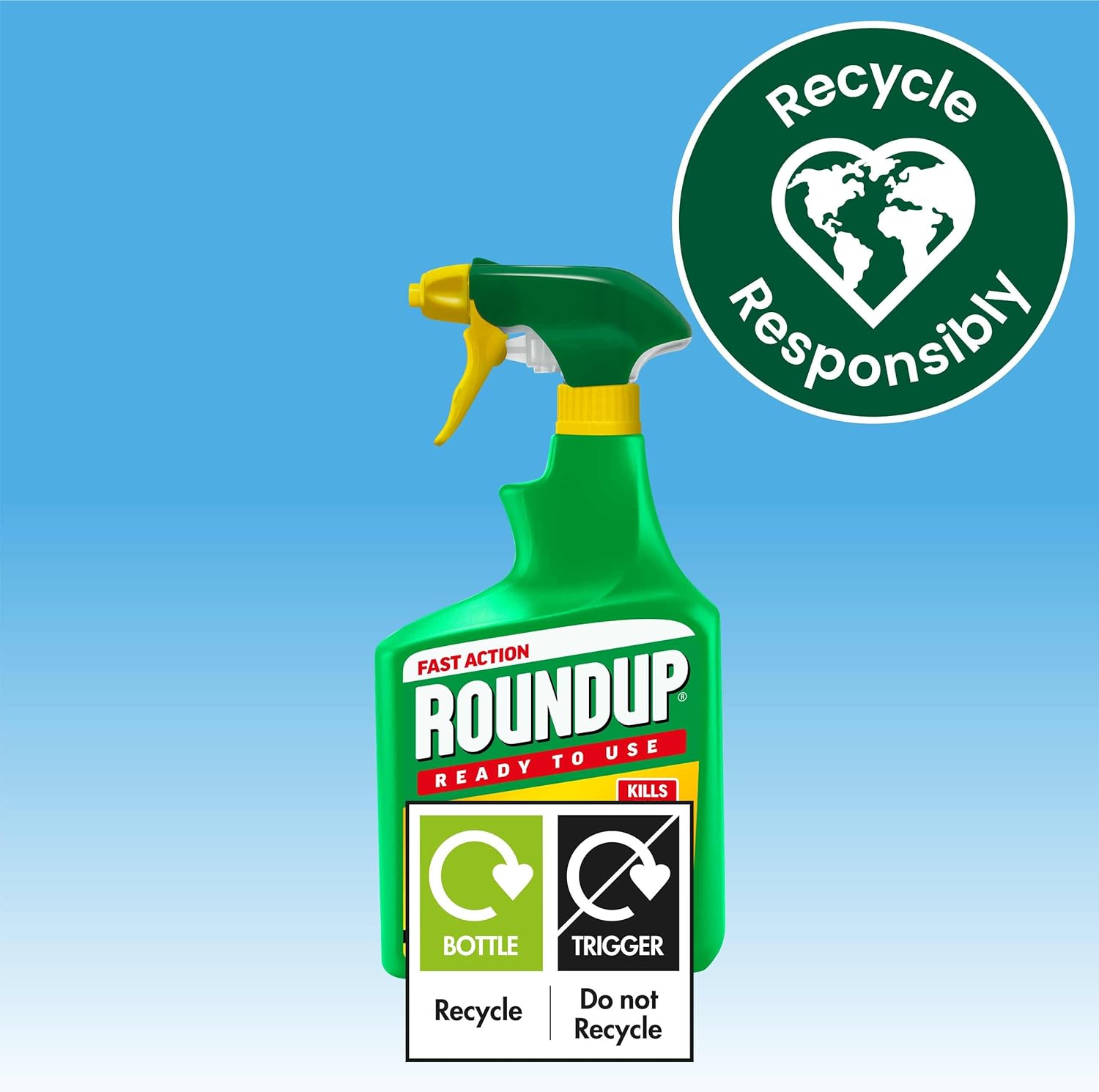 Roundup Total Fast Action bottle in use in a typical UK garden patio setting with paving slabs and weeds