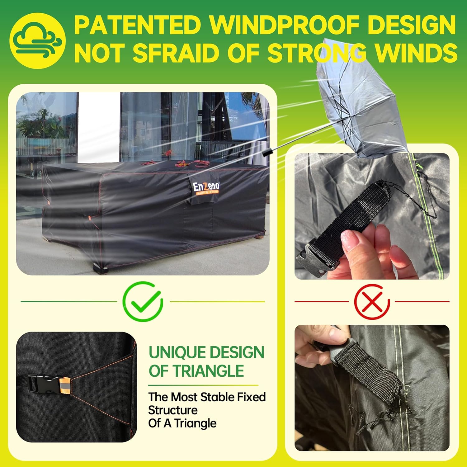 Enzeno cover fitted over patio garden furniture set with side straps tightened