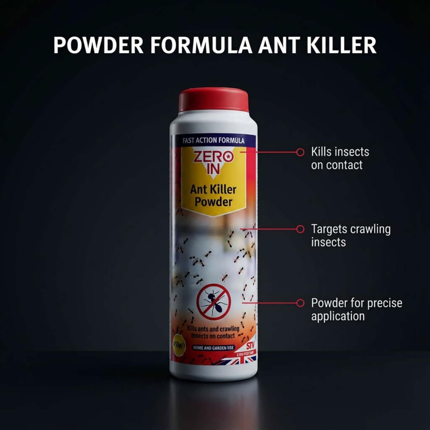 Zero In ant powder tub on a patio showing how it sits in a typical garden setting