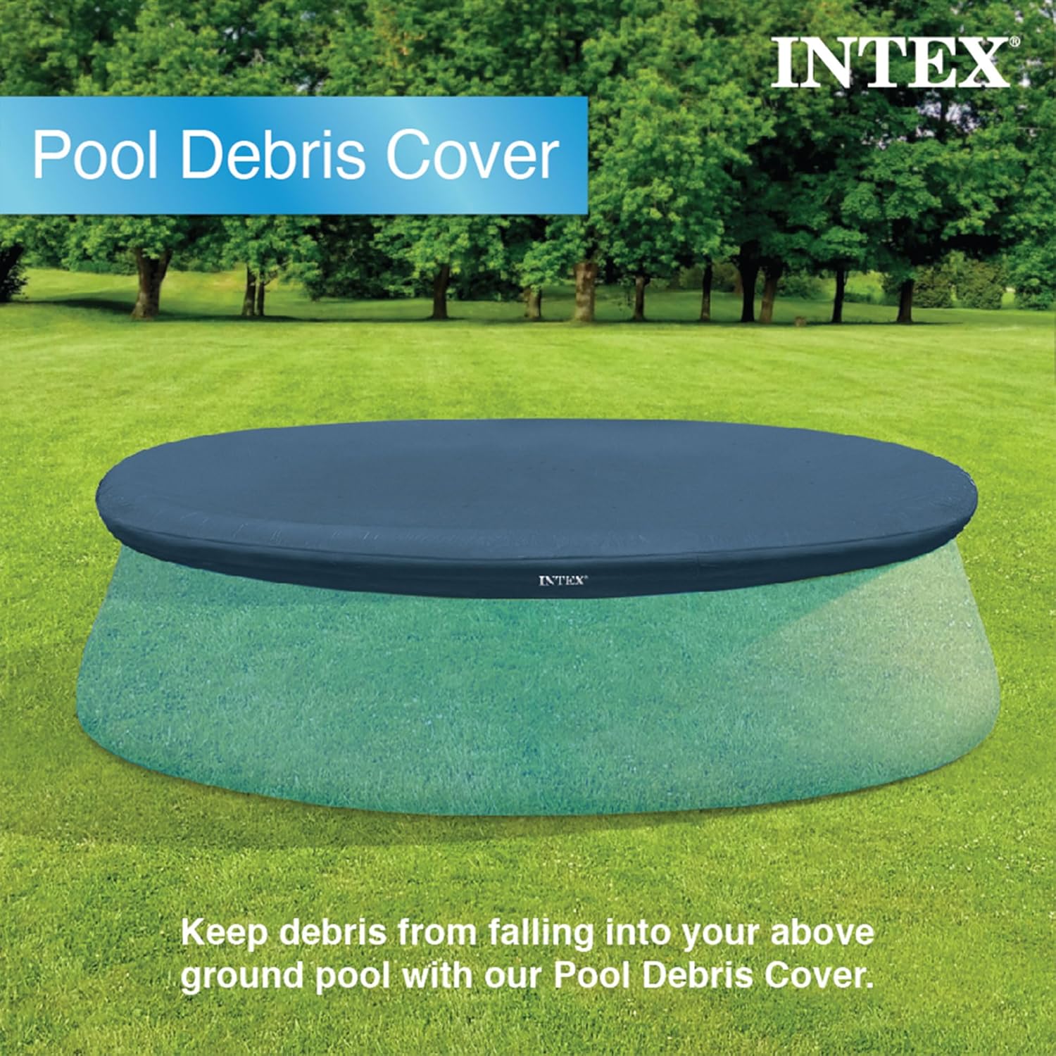 Intex pool cover fitted in a garden setting protecting a paddling pool from leaves