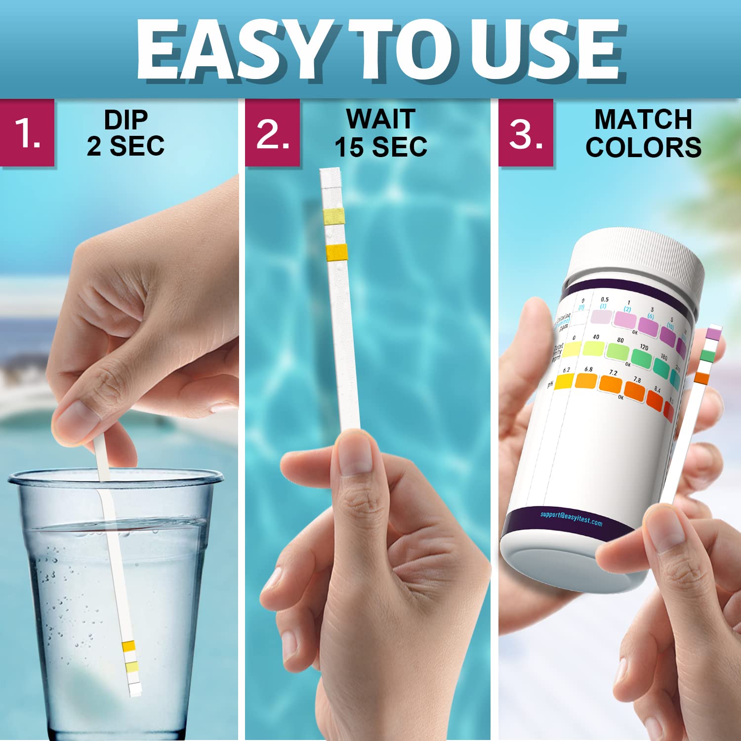 EASYTEST test strips bottle in a home hot tub and pool setting