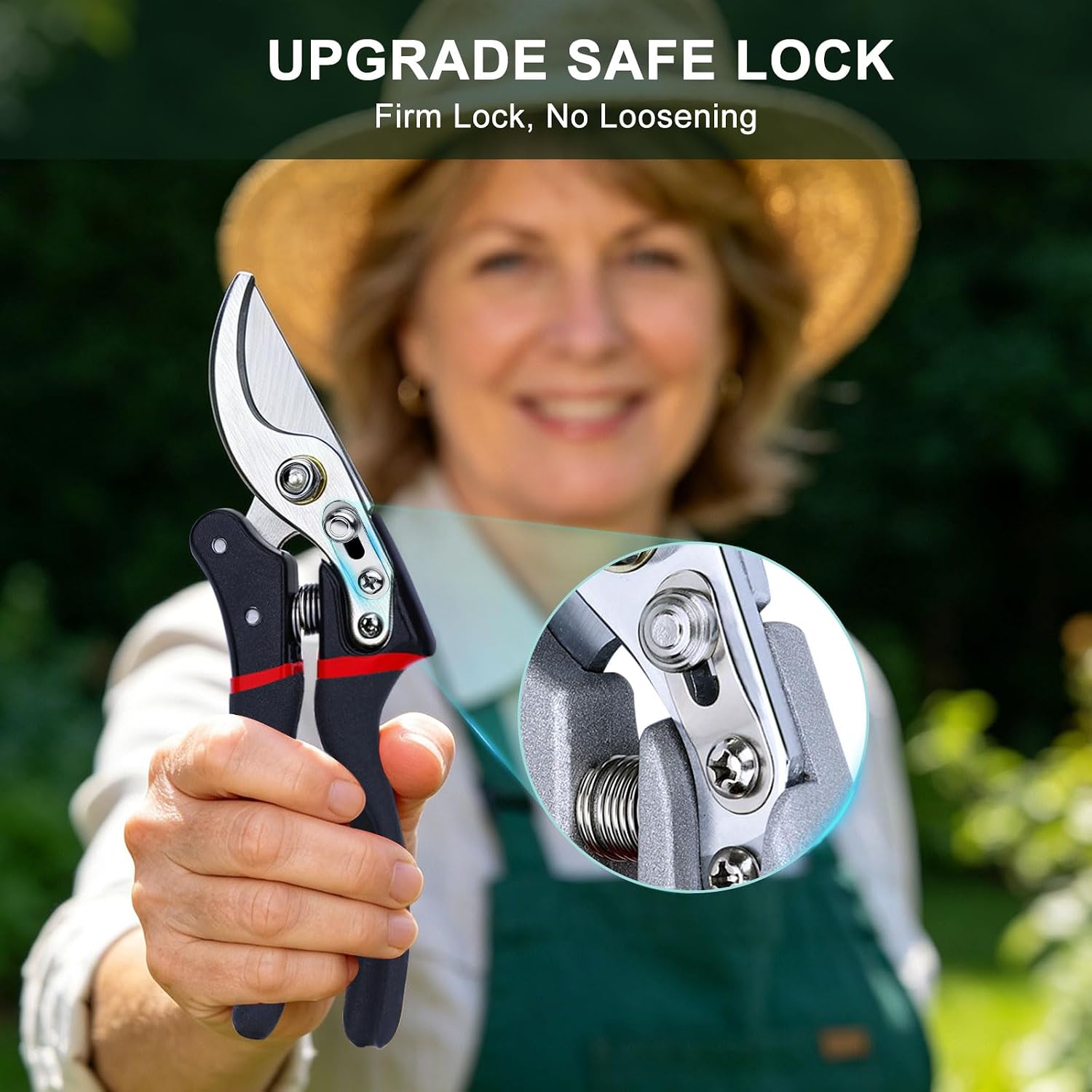 Kynup secateurs held up by a gardener with a magnified view of the slide safety lock mechanism