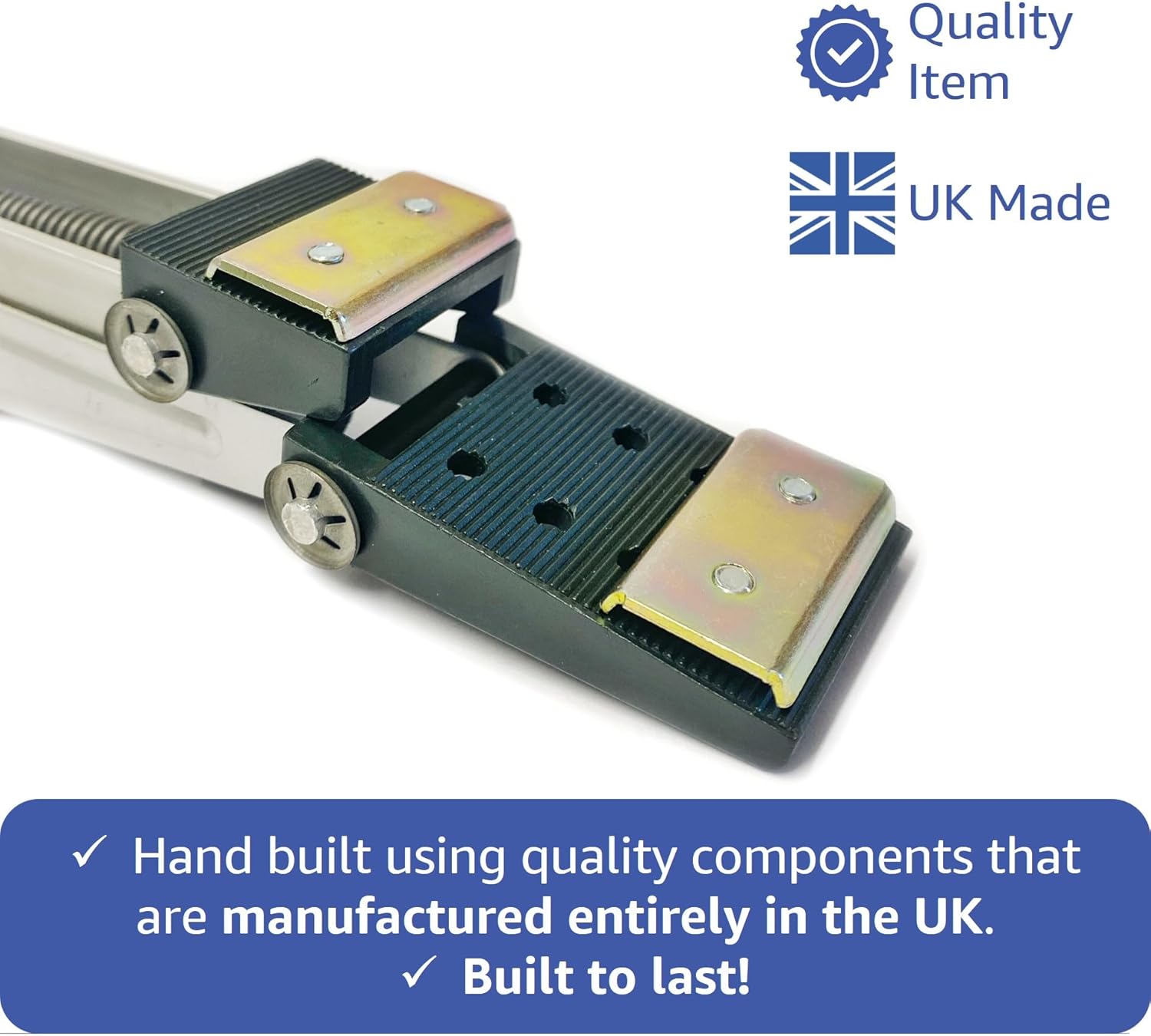 Close-up of the Bayliss XL recycled plastic bracketry and zinc-plated clamp plates, labelled UK Made and built to last