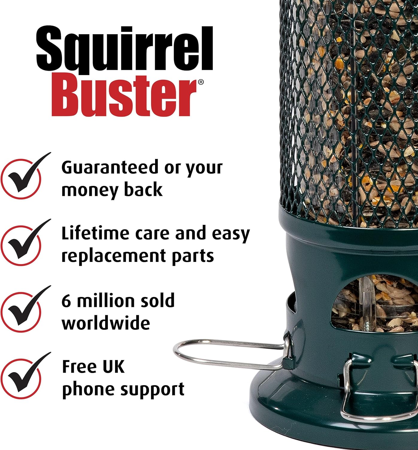 Squirrel Buster feature list showing money-back guarantee, lifetime care, replacement parts and free UK phone support