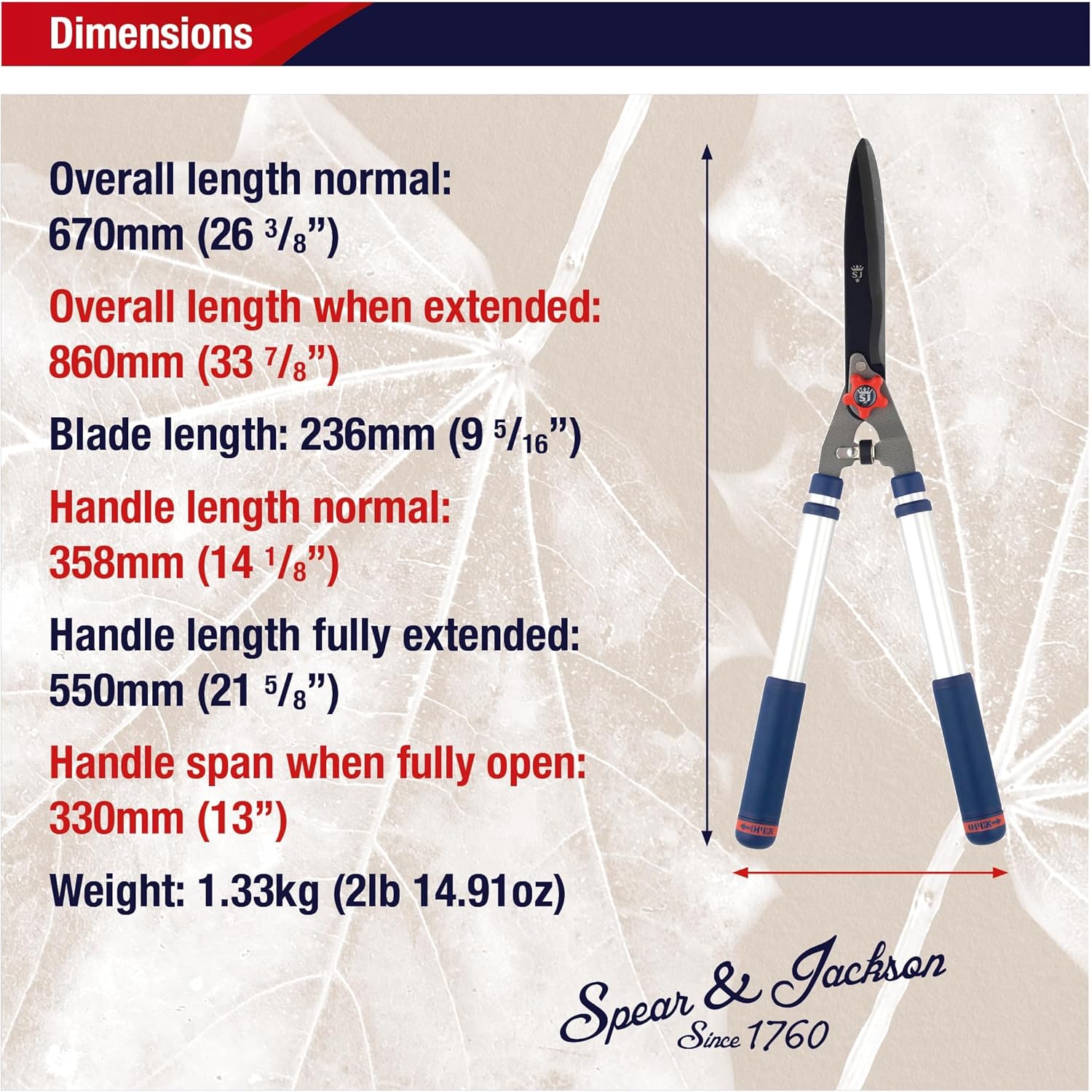 Spear and Jackson 8120RS dimensions diagram showing 1.33kg weight and 860mm extended length