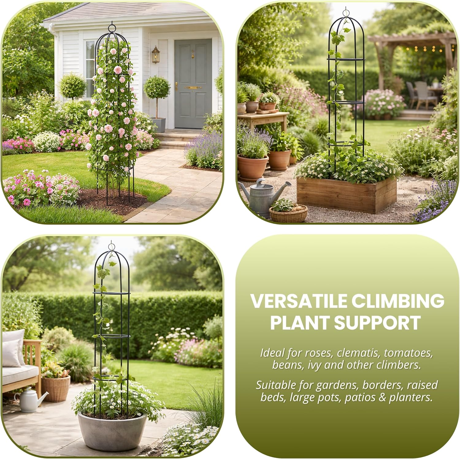 Four garden scenes showing the obelisk supporting roses, vines and climbers in borders, raised beds and large pots