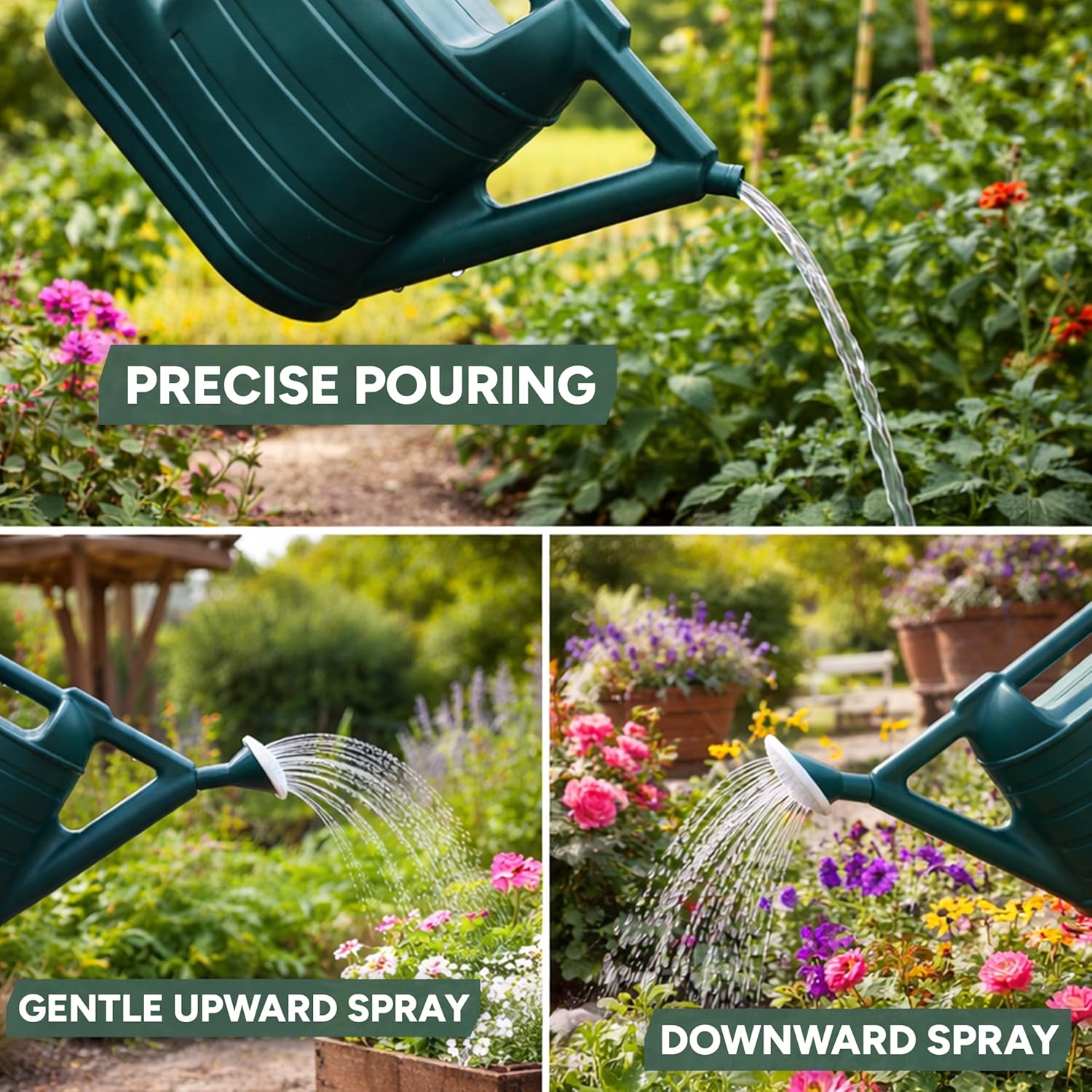 Water pouring in a single stream from the Zuvo watering can spout with the rose head removed