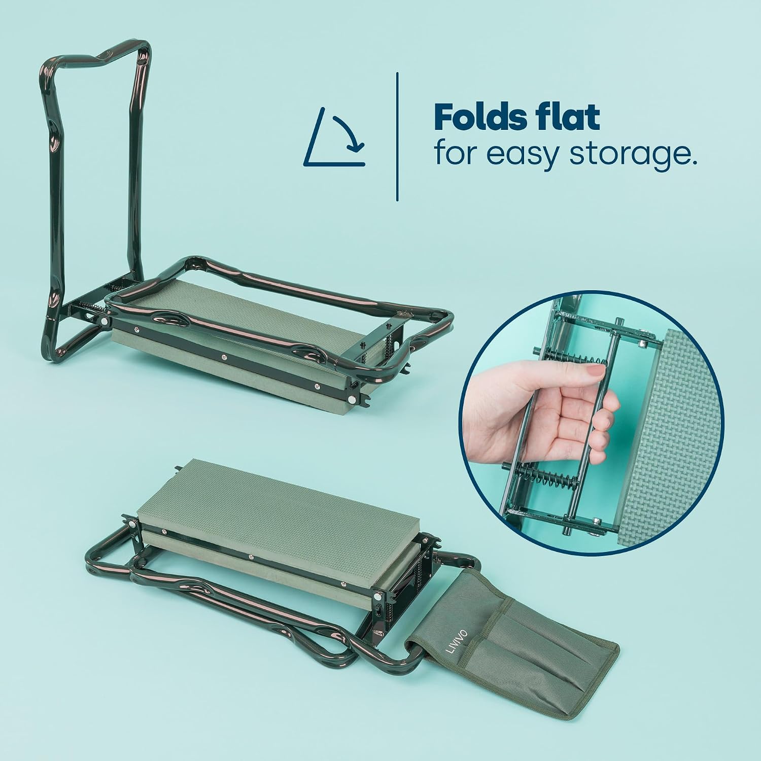 LIVIVO kneeler folding flat, with a close-up of the sprung release mechanism