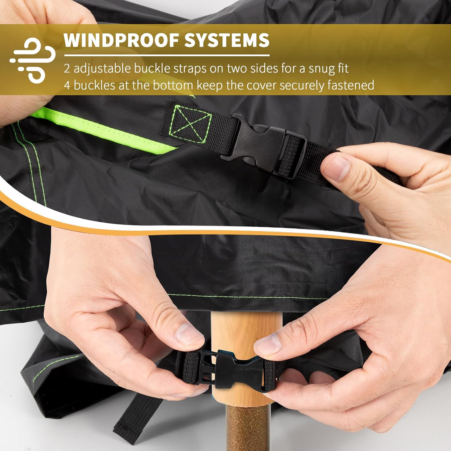 Hands fastening the BEEWAY cover's side buckle strap and looping a bottom buckle around a wooden furniture leg
