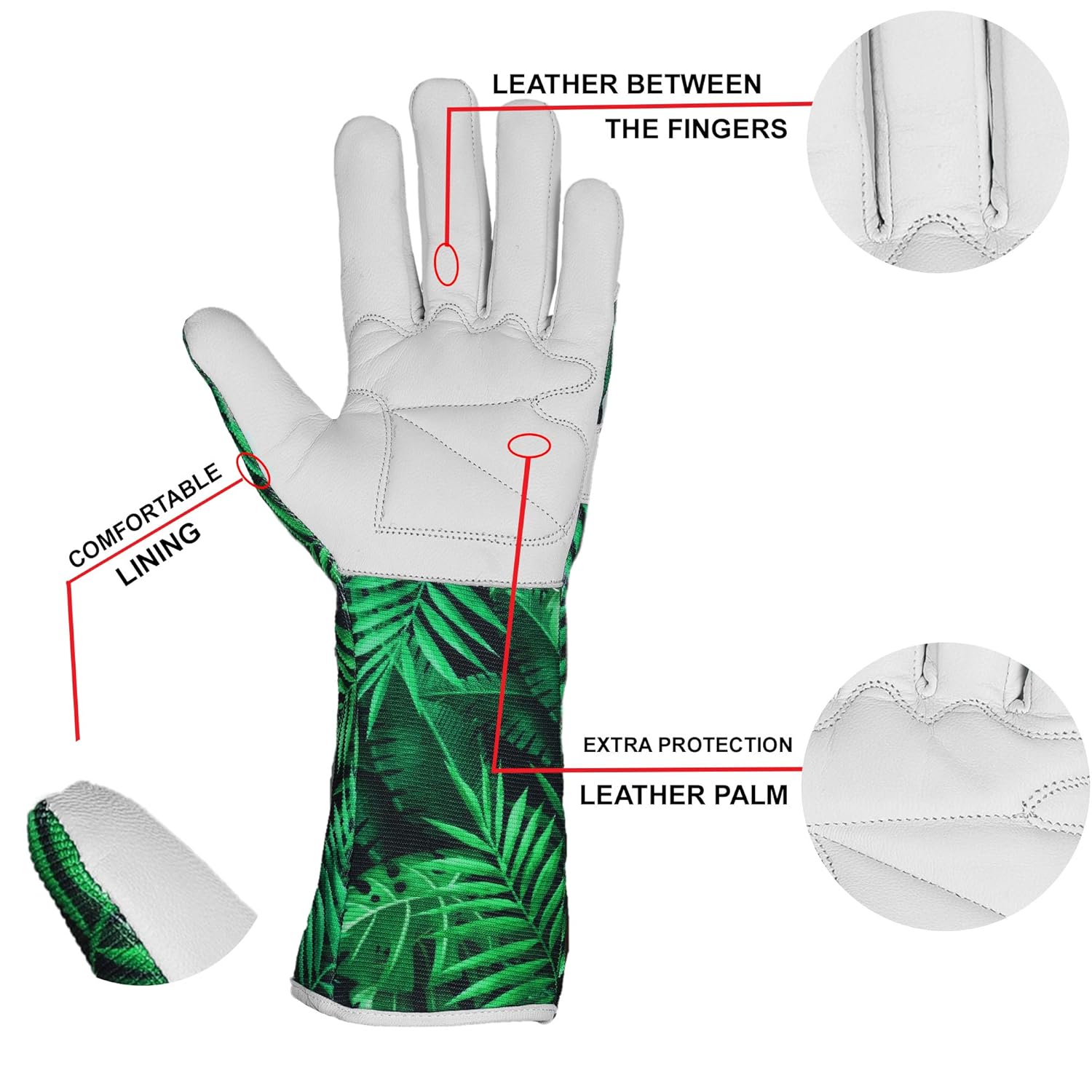Labelled listing photo showing the goatskin palm, leather between the fingers and the lined cuff edge