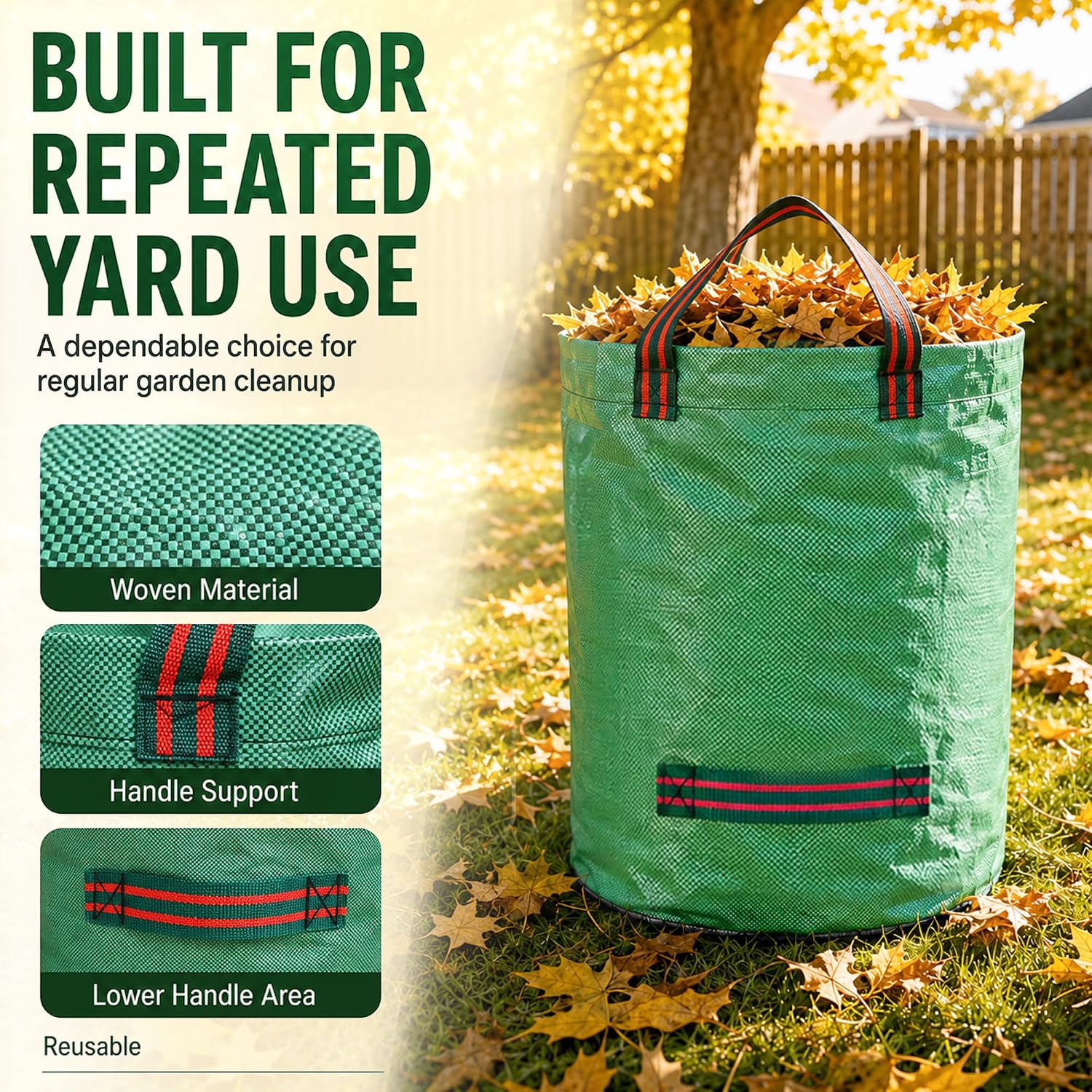 Close-up of the woven polypropylene fabric and stitched handle supports on the waste bag