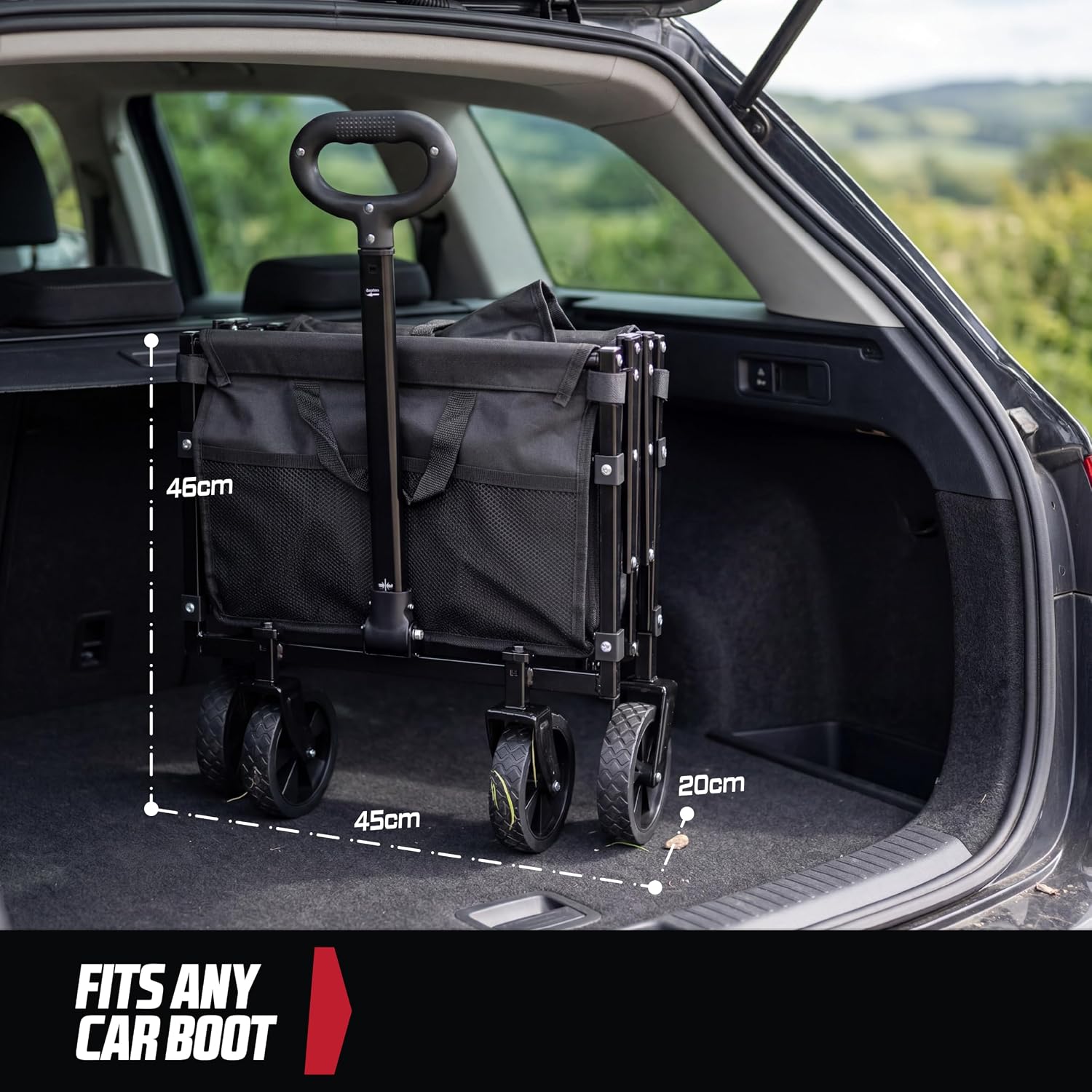 The MoverX trolley folded to 67 x 45 x 20cm and standing upright in an estate car boot