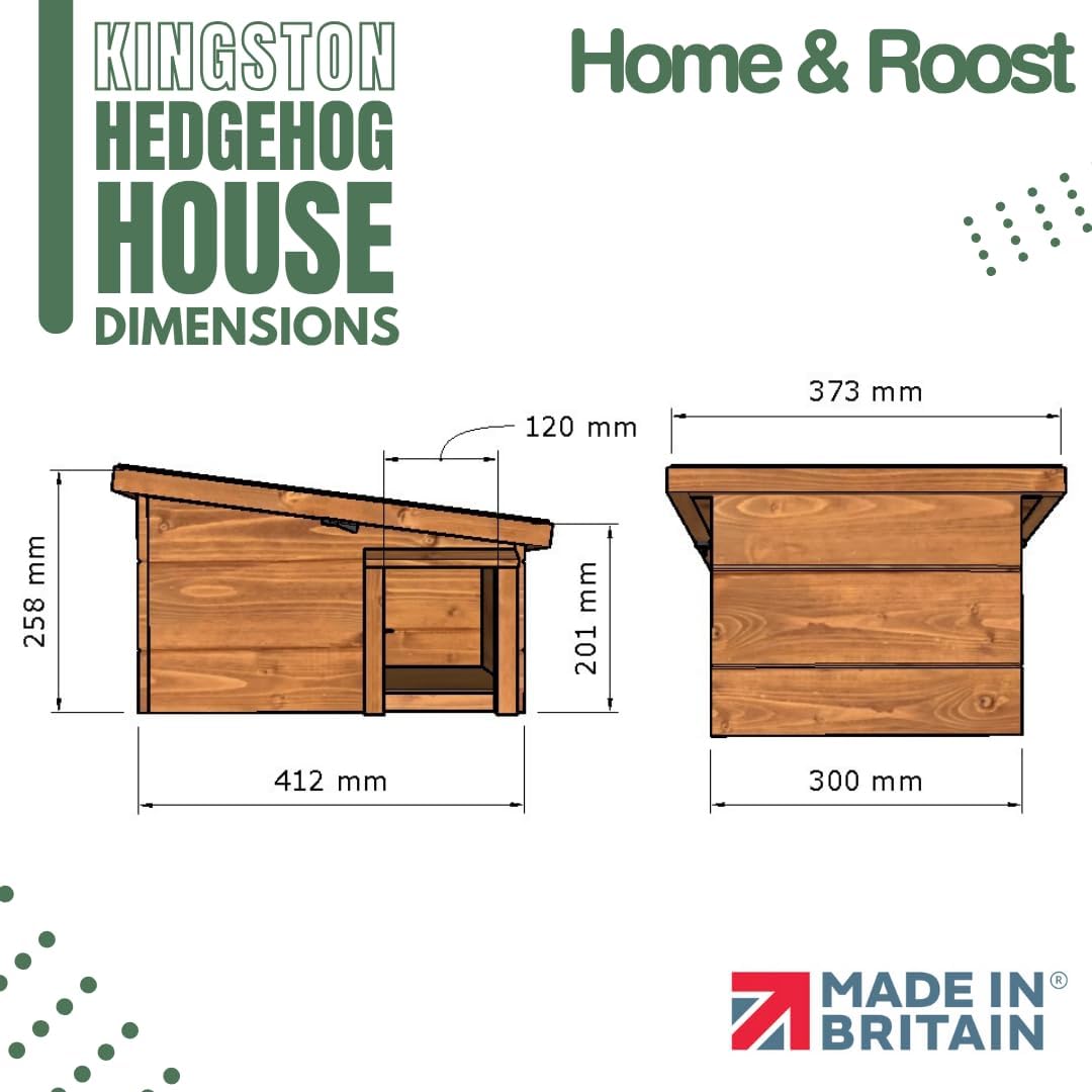 Home and Roost dimension drawing of the Kingston hedgehog house: a front elevation 412mm wide and 258mm high with a 120mm opening and 201mm porch, and a side elevation 300mm deep and 373mm across the roof