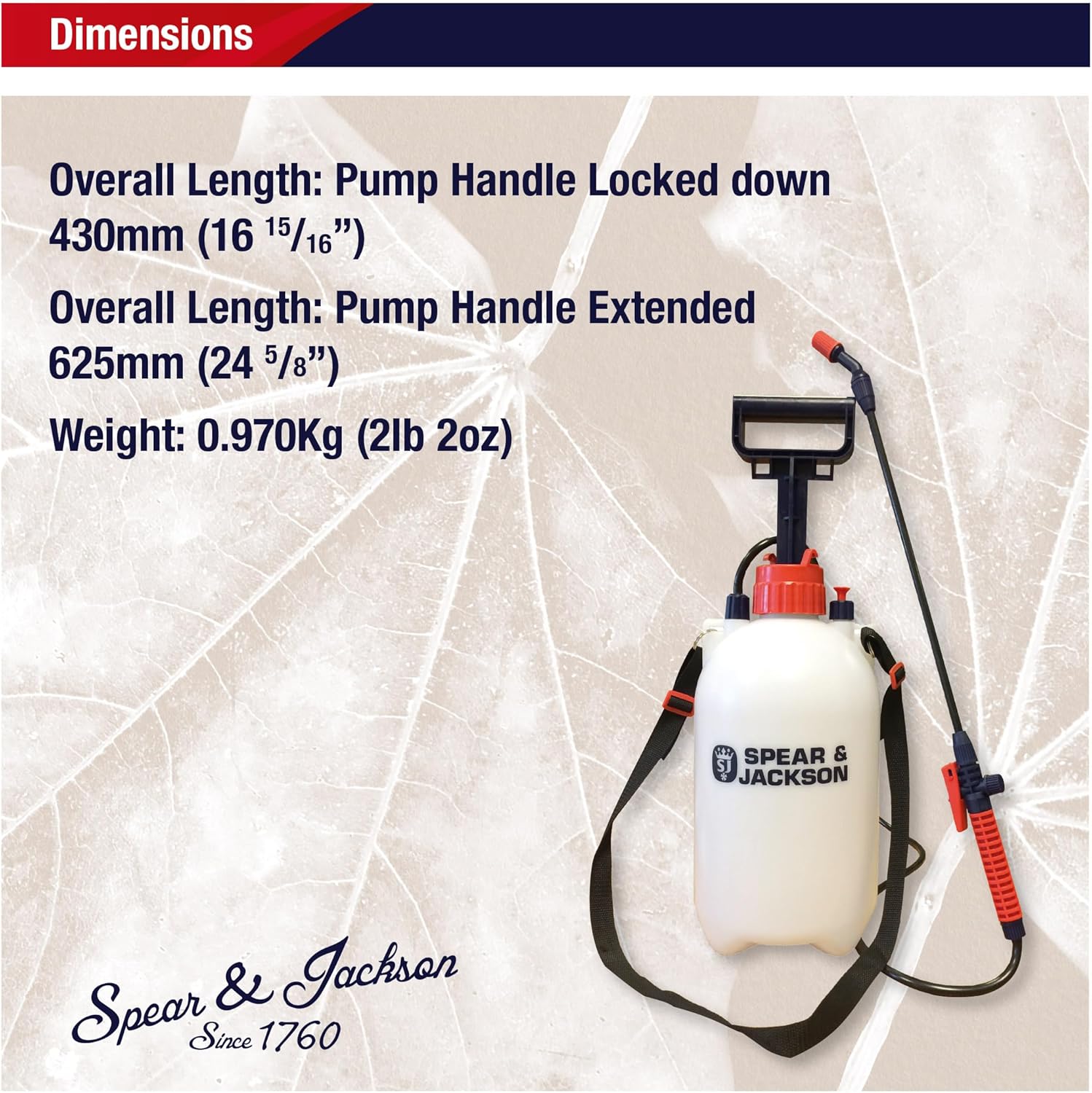 Dimensions spec sheet showing the Spear & Jackson 5LPAPS lengths of 430mm locked and 625mm extended, with a weight of 0.97kg empty