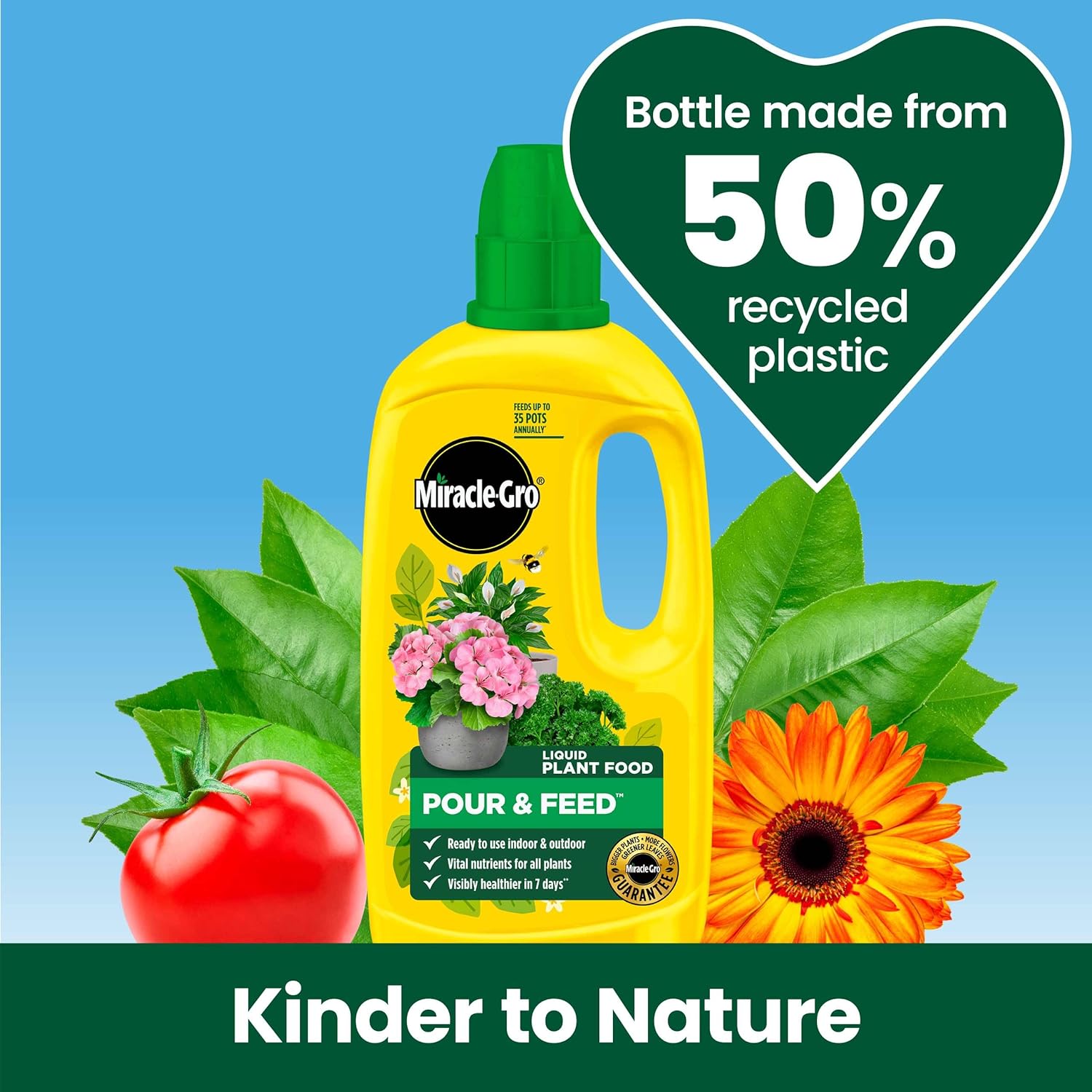 Miracle-Gro Pour and Feed bottle showing bio-stimulant formula and plant food messaging