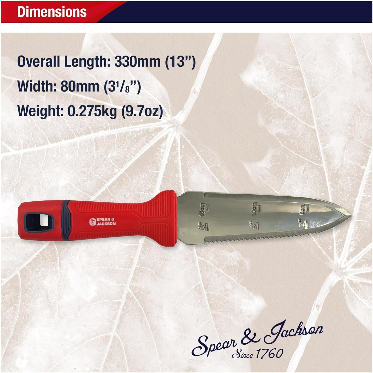 Dimensions infographic showing the Spear and Jackson hori hori at 330mm overall length, 80mm width and 0.275kg weight
