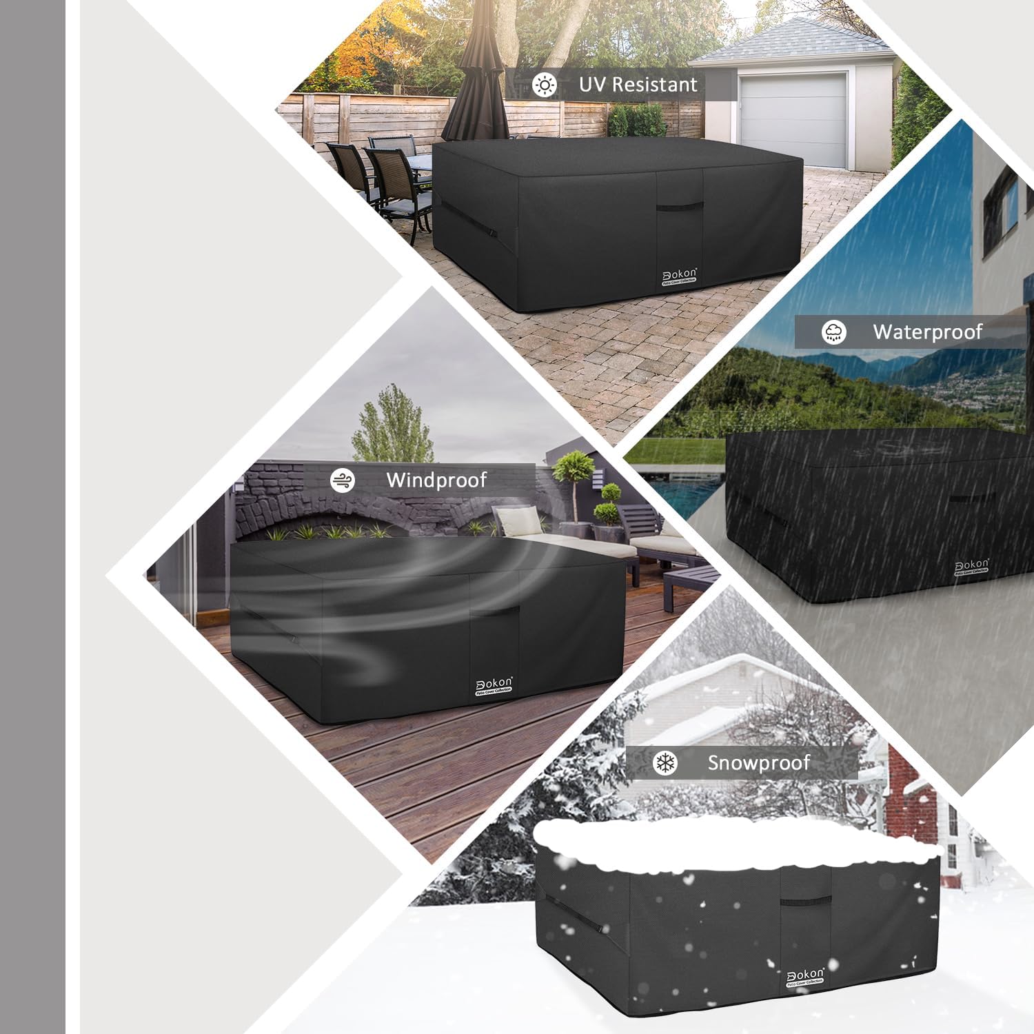 Four panels showing the cover in sun, rain, wind and snow with UV resistant, waterproof, windproof and snowproof labels
