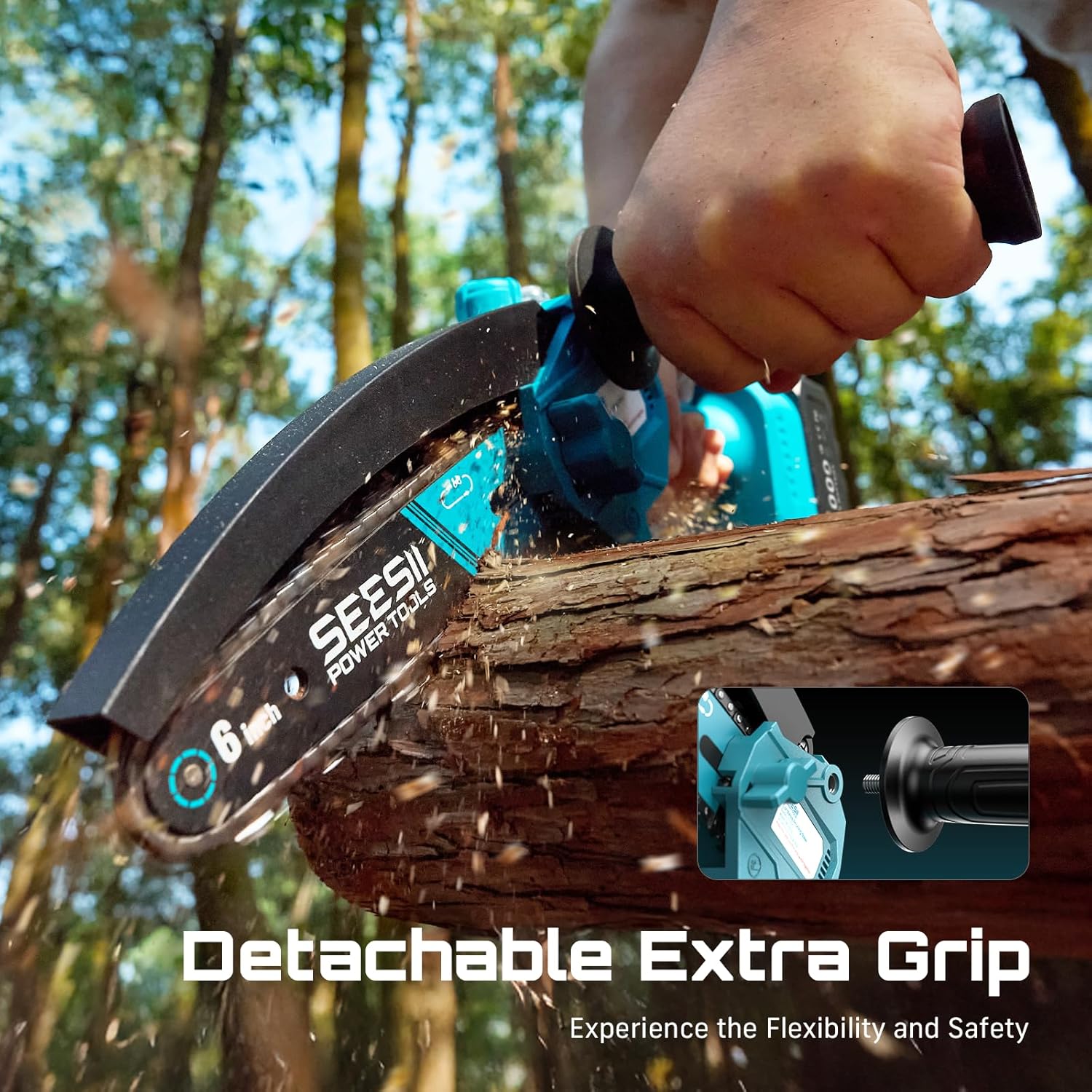 Gardener cutting a branch two-handed with the Seesii mini chainsaw, detachable auxiliary front grip fitted to the housing